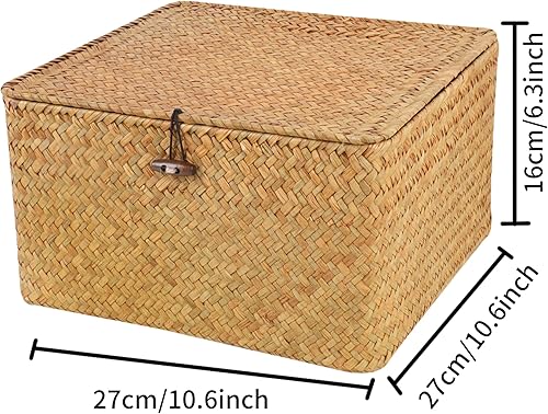 Miniatura 9 de Moosky Cestas de mimbre con tapa, cestas de almacenamiento de hierba marina tejidas a mano, cajas de regalo cuadradas para estantes, decoración del