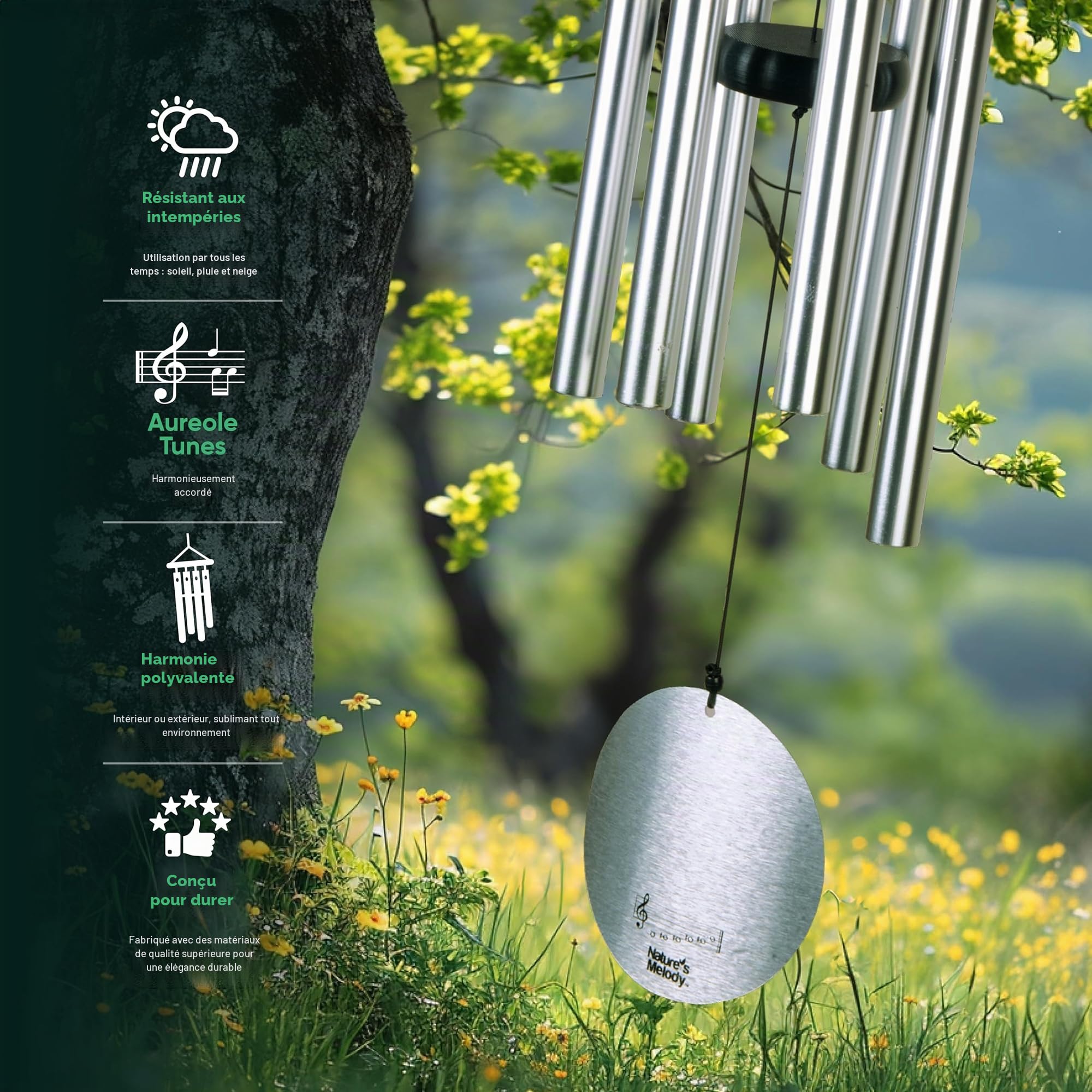 Nature's Melody Aureole Tunes Carillon à Vent d'extérieur, 6 Tubes, Gamme pentatonique en Si, Aluminium Inoxydable, Finition poudrée, Crochet en S, pour condoléances, Cadeau commémoratif, Jardin Zen