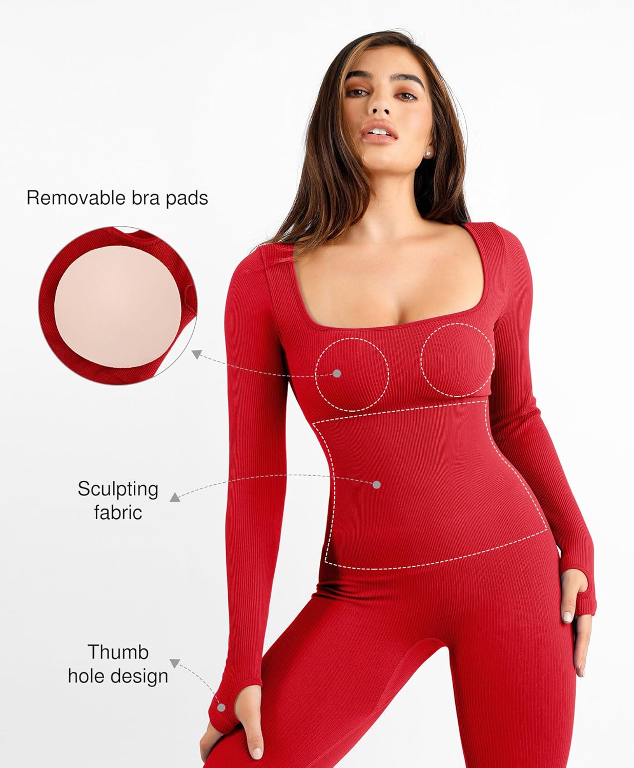 Popilush Jumpsuits for Women Long Sleeve Built-In Bra Square Neck Full Length Leggings Bodycon Stretch Workout Outfits - Image 3