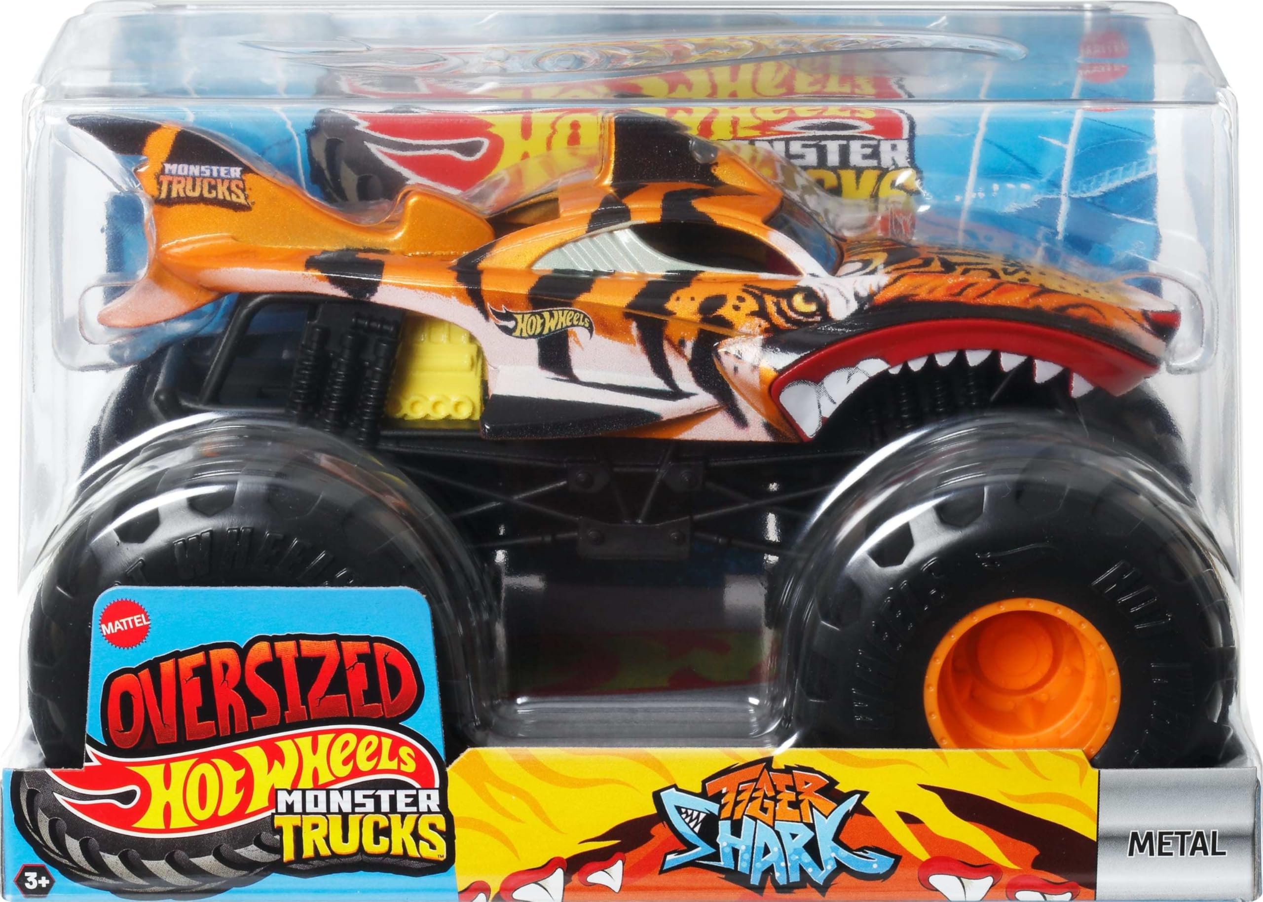 Hot Wheels Monster Trucks Tiger Shark Duży metalowy pojazd zabawka w skali 1:24 z wielkimi kołami i wyjątkowymi wzorami, samochód dla dzieci, JDR02