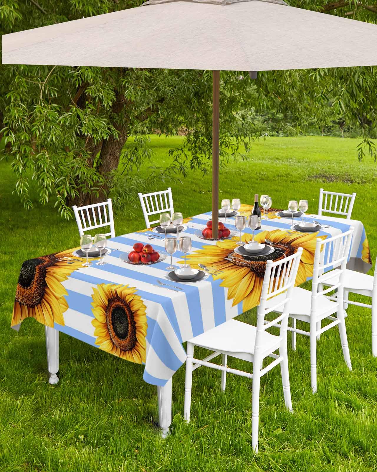 Amazon.com: EZON-CH Outdoor Tablecloth with Umbrella Hole and Zipper 60" x  120" Summer Sunflowers Rustic Blue Stripes Rectangular Water Repellent Table  Cloth Table Covers for Dining, Garden, Courtyard, Patio : Home &