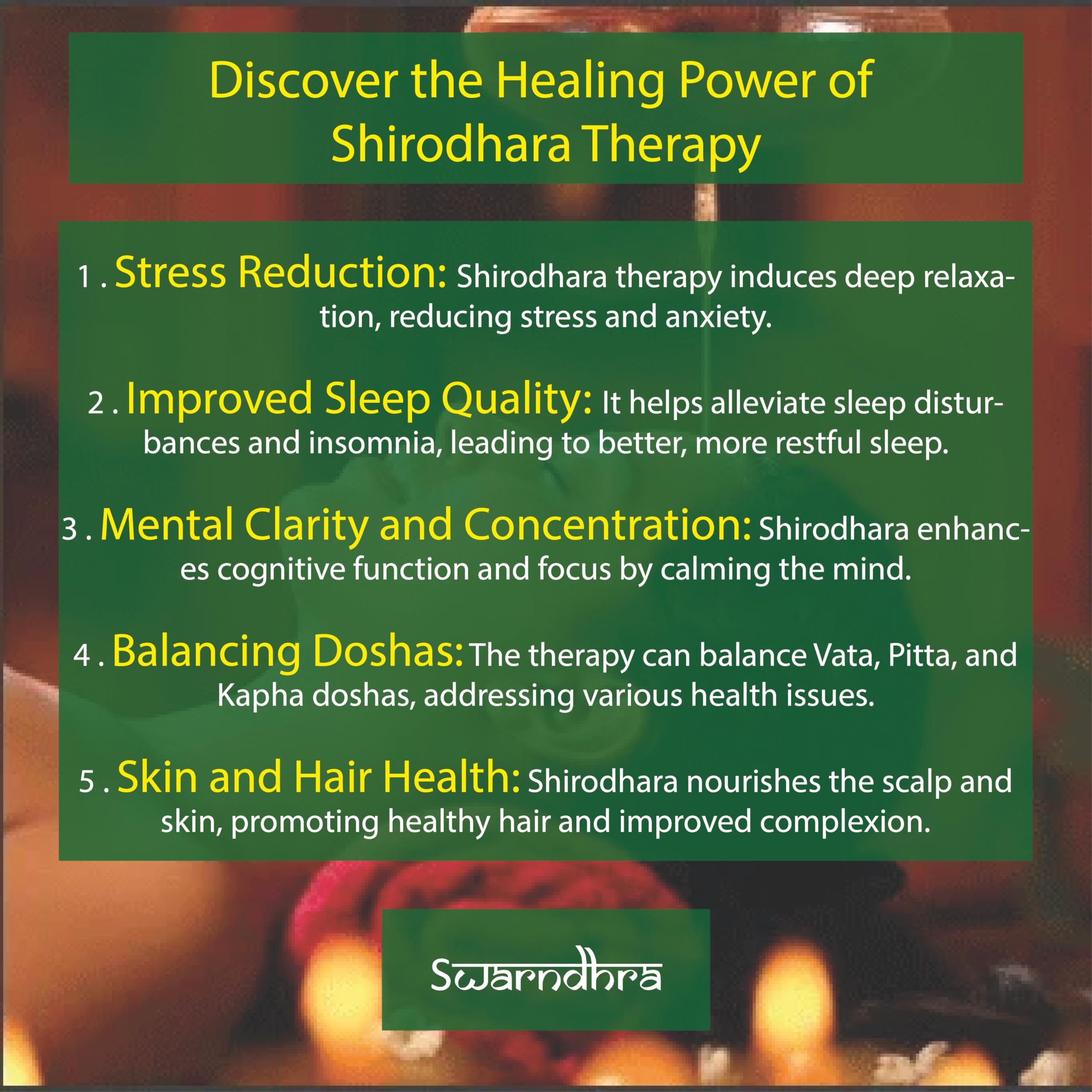 A real journey of healing through Panchakarma and Ayurveda | Panchakarma Therapy Panchakarma Therapy for Balancing Vata Pitta and Kapha A Complete Ayurvedic Healing Journey Image Image Image Image In today fast moving world many people feel tired restless and emotionally disturbed without knowing the real reason. Ayurveda explains that this happens when Vata Pitta and Kapha go out of balance. Panchakarma therapy is a powerful Ayurvedic detox process that gently brings the body back into harmony. It works at a deeper level not just on the body but also on the mind and emotions. This story will help you understand how Panchakarma can truly transform life. Ravi was living a life that looked perfect from the outside. He had a stable job a family and everything that people call success. But inside he was constantly restless unable to sleep properly and always feeling tired. His mind was full of thoughts and his body felt heavy and weak. He tried many solutions from modern treatments to quick fixes but nothing gave him real relief. One day he met an Ayurvedic doctor who calmly listened to him and said your body is not sick it is just out of balance. The doctor explained about Vata Pitta and Kapha and how their imbalance was affecting his life. Ravi decided to undergo Panchakarma therapy. In the beginning it felt slow and unfamiliar but gradually he started feeling lighter. His sleep improved his thoughts became clear and his energy returned. It was not just his body that healed his mind also found peace. After completing the therapy Ravi realized something very important. Health is not just the absence of disease it is a state of balance. When the body mind and emotions are aligned life becomes naturally joyful. Panchakarma did not just cure him it helped him reconnect with himself. Panchakarma Therapy with benefits Abhyanga This is a warm oil massage that nourishes the body deeply. It helps calm Vata and improves blood circulation. It reduces stress and makes the body feel grounded. Regular Abhyanga improves skin and joint health. It brings a sense of relaxation and stability. Shirodhara This therapy involves a gentle flow of oil on the forehead. It deeply relaxes the nervous system. It is highly effective for stress anxiety and sleep disorders. It balances Vata and Pitta. It brings mental clarity and emotional calmness. Virechana This is a cleansing therapy focused on removing excess Pitta. It detoxifies the liver and digestive system. It improves skin health and digestion. It helps in reducing inflammation. It restores internal balance. Basti This therapy is mainly used for balancing Vata. It nourishes the colon and removes deep seated toxins. It improves joint health and nervous system strength. It supports long term healing. It is considered one of the most powerful Panchakarma therapies. Ayurvedic herbs with benefits Ashwagandha It strengthens the nervous system and reduces stress. It balances Vata and supports energy levels. It improves sleep and mental clarity. It helps the body adapt to stress. It promotes overall vitality. Triphala It supports gentle detox and improves digestion. It balances all three doshas. It helps in regular bowel movement. It improves nutrient absorption. It cleanses the body naturally. Brahmi It enhances memory and concentration. It calms the mind and reduces anxiety. It balances Pitta and Vata. It supports emotional stability. It improves brain function. Guduchi It boosts immunity and detoxifies the body. It balances all doshas. It helps in reducing inflammation. It supports liver health. It promotes overall wellness. Diet with benefits A balanced Ayurvedic diet plays a key role in maintaining dosha harmony. Warm freshly cooked food helps calm Vata and supports digestion. Cooling foods like fruits and vegetables help balance Pitta. Light and easy to digest meals help reduce Kapha. Avoiding processed and heavy food reduces toxin formation. Eating mindfully improves both physical and mental health. Yoga with benefits Pranayama Breathing practices calm the mind and balance energy. They improve oxygen flow in the body. They reduce stress and anxiety. They support nervous system health. They enhance inner peace. Surya Namaskar This sequence improves flexibility and strength. It boosts metabolism and energy. It balances all three doshas. It improves circulation. It supports overall fitness. Meditation Meditation brings deep mental calmness. It helps control thoughts and emotions. It reduces stress naturally. It improves focus and awareness. It connects you with your inner self. About Ayurveda Ayurveda is an ancient science of life that focuses on balance and harmony. It teaches that every individual is unique with a specific body constitution. Health is achieved when Vata Pitta and Kapha are in balance. Ayurveda emphasizes prevention rather than cure. It connects body mind and soul for complete wellbeing. Ayurvedic lifestyle guidance Wake up early and follow a daily routine that supports natural rhythms. Eat food according to your body type and season. Practice yoga and meditation regularly. Avoid stress and maintain emotional balance. Follow seasonal detox like Panchakarma under expert guidance. Panchakarma is not just a therapy it is a journey towards balance and self awareness. It teaches us that true health comes from within. When Vata Pitta and Kapha are balanced life becomes stable and peaceful. Healing is not instant but it is deeply transformative. Choosing Ayurveda means choosing a natural and meaningful way of living. Before starting Panchakarma it is important to consult a qualified Ayurvedic doctor. Each person has a unique body constitution and requires personalized treatment. Proper guidance ensures safe and effective results. An expert can help you understand your dosha and plan the right therapy. Always choose authentic Ayurvedic care for long term health benefits.