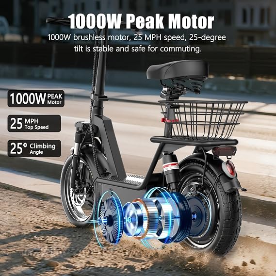 Electric Scooter for Adults, 1000W Peak Motor Electric Scooter with Seat, Up to 25 MPH 35 Miles Range, 14 Foldable E Scooter with Multiple Suspension for Commuter, Travel, Shopping