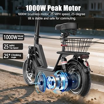 Electric Scooter for Adults, 1000W Peak Motor Electric Scooter with Seat, Up to 25 MPH 35 Miles Range, 14 Foldable E Scooter with Multiple Suspension for Commuter, Travel, Shopping