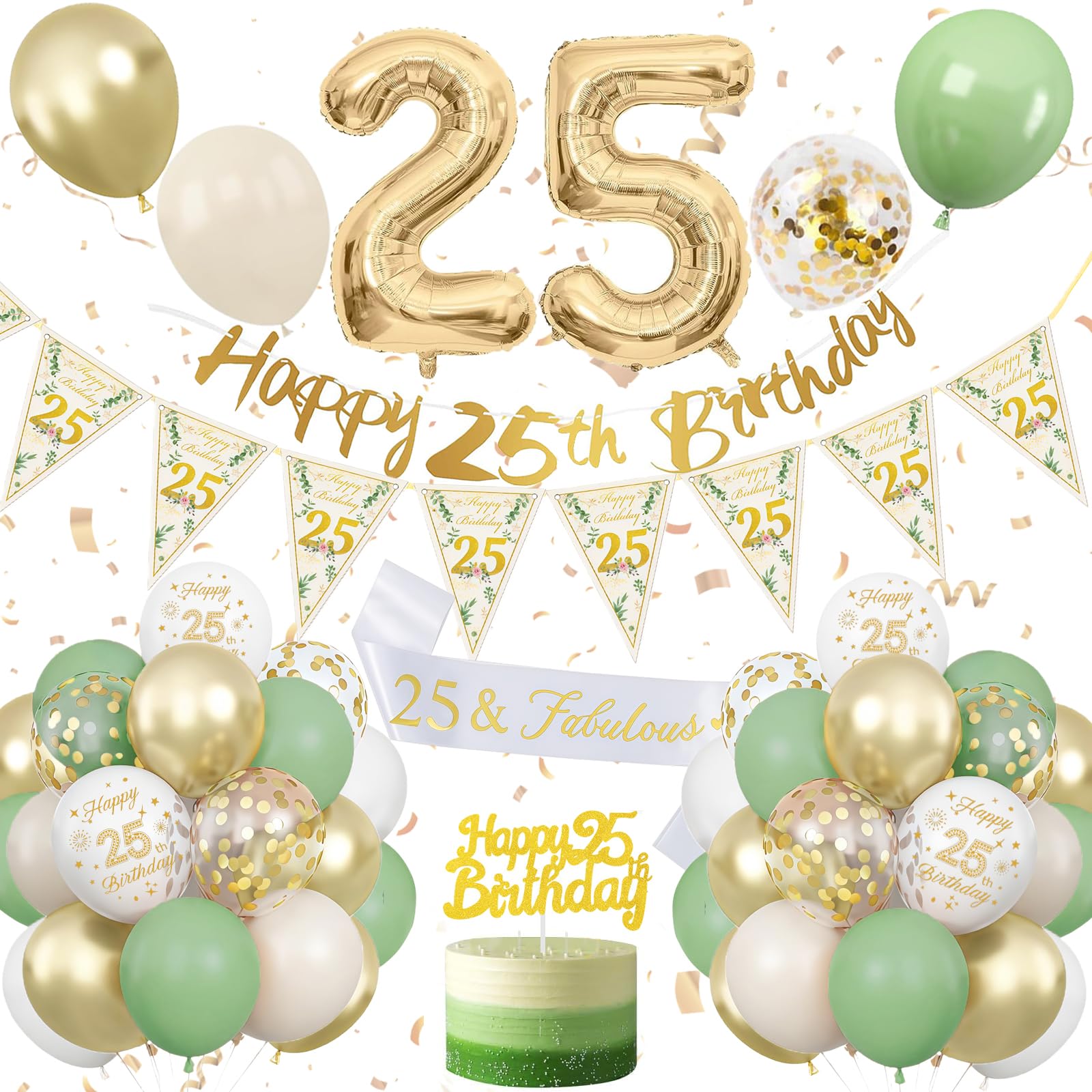 25th Birthday Decoration Sage Green, Green White Gold Birthday Decorations for 25 Year Old, Number 25 Balloons with Banner, Cake Decoration for Women and Men, 25 Year Old Birthday Decoration