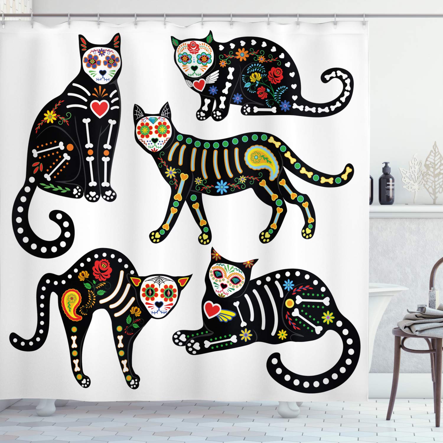 Amazon.com: Ambesonne Sugar Skull Shower Curtain, Calavera Inspired Ornate  Black Cats Mexican Style Holiday The Day of The Dead, Cloth Fabric Bathroom  Decor Set with Hooks, 69" W x 70" L, Black