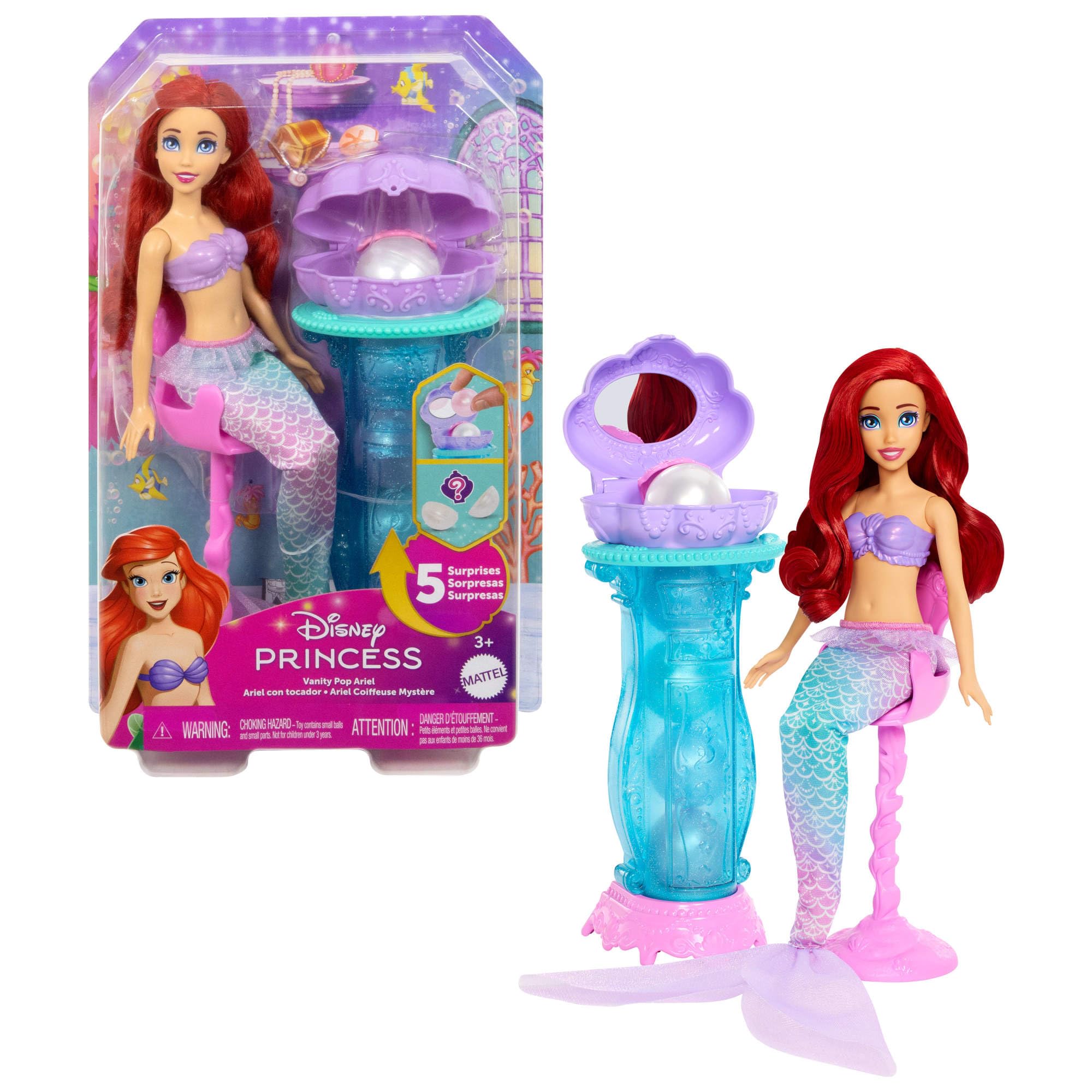 Mattel Disney Princess - Ariel e la Specchiera Magica, set bambola con coda da sirena rimovibile e specchiera con 5 perle a sorpresa e 5 accessori inclusi, giocattolo per bambini, 3+ anni, JBF86