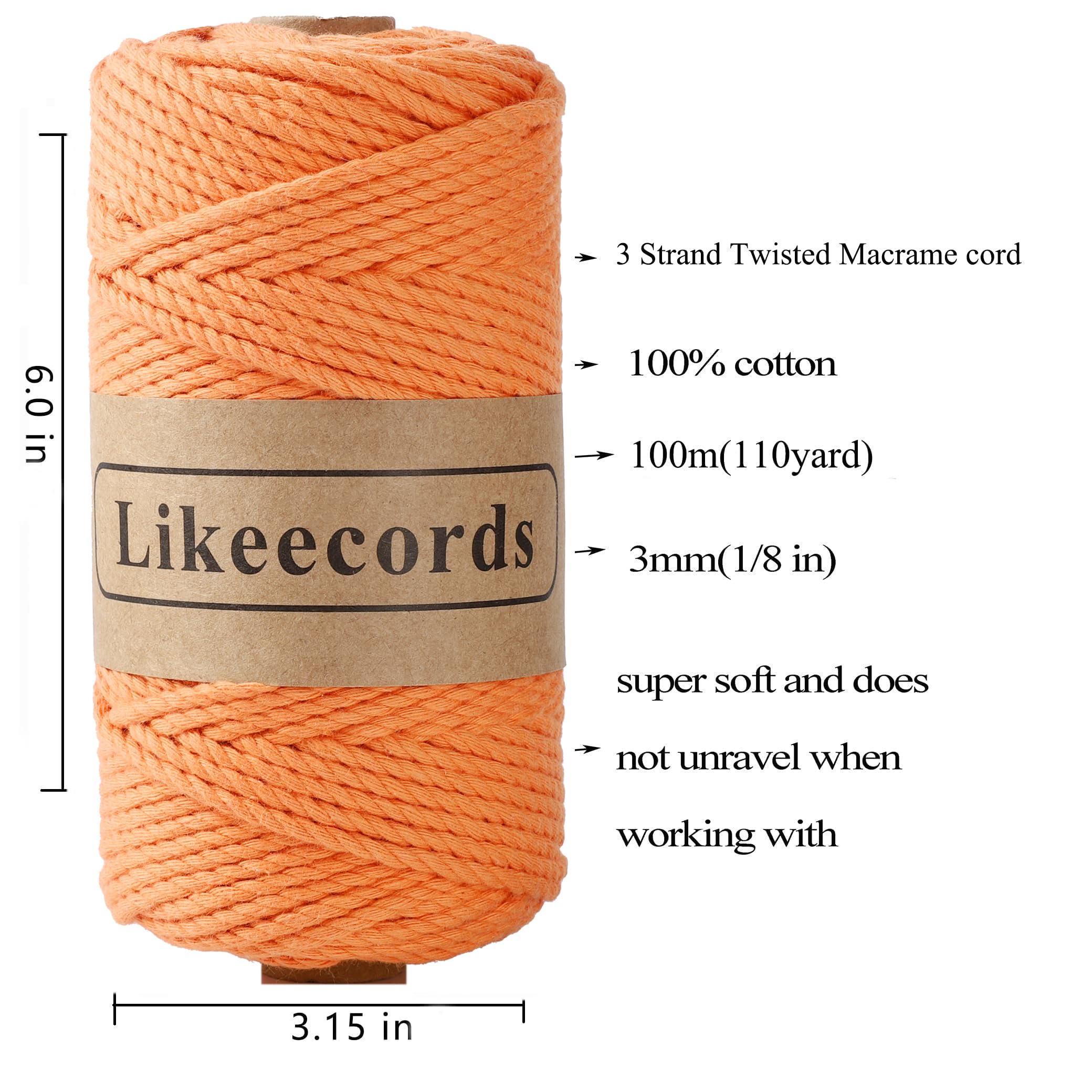 Likeecords Lot de 2 rouleaux de cordon en coton pour macramé, 3 mm x 100 m, 3 brins torsadés, fil pour macramé, fil pour macramé, cordon artisanal, pour tricot, suspension de plantes, décoration de