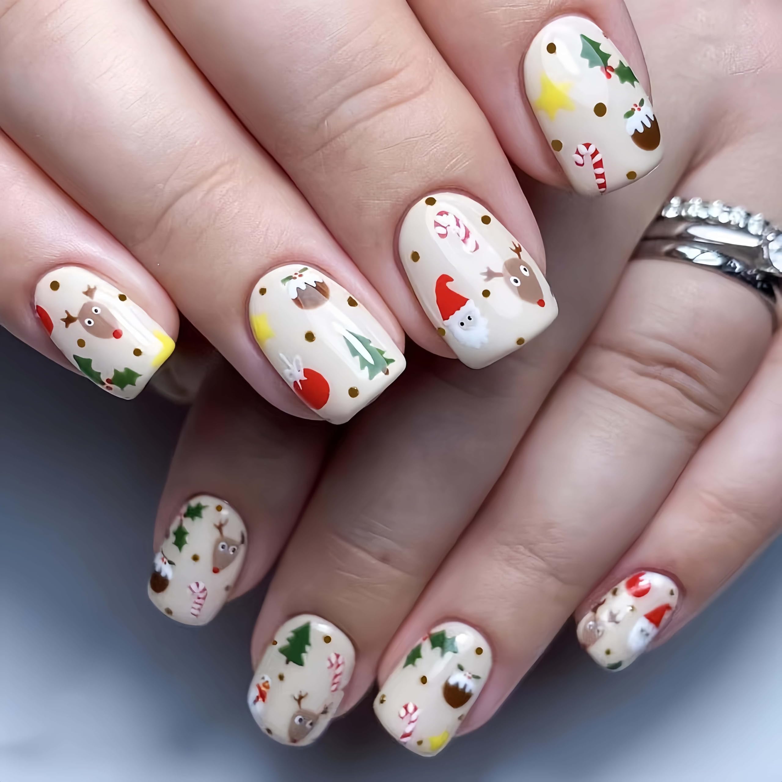 french tip press on nails short square, 24pcs christmas red with snowflake designs full cover glue on glossy artificial christmas false nails for women girls