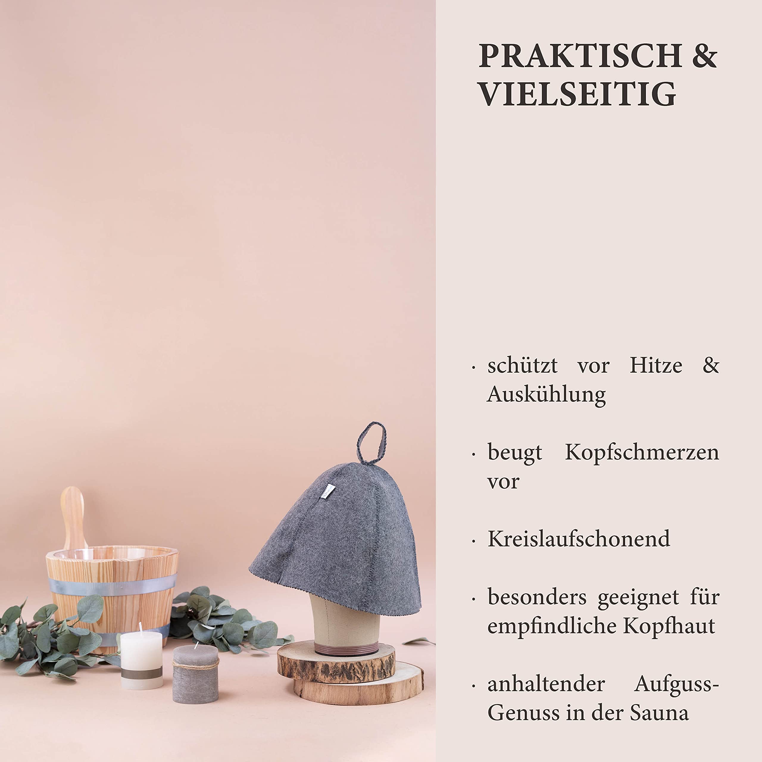LoWell® czapka do sauny – filcowa czapka dla kobiet i mężczyzn, w zestawie poradnik użytkownika sauny – idealny dodatek do sauny dla wyjątkowego doświadczenia spa – czapka do sauny, szara