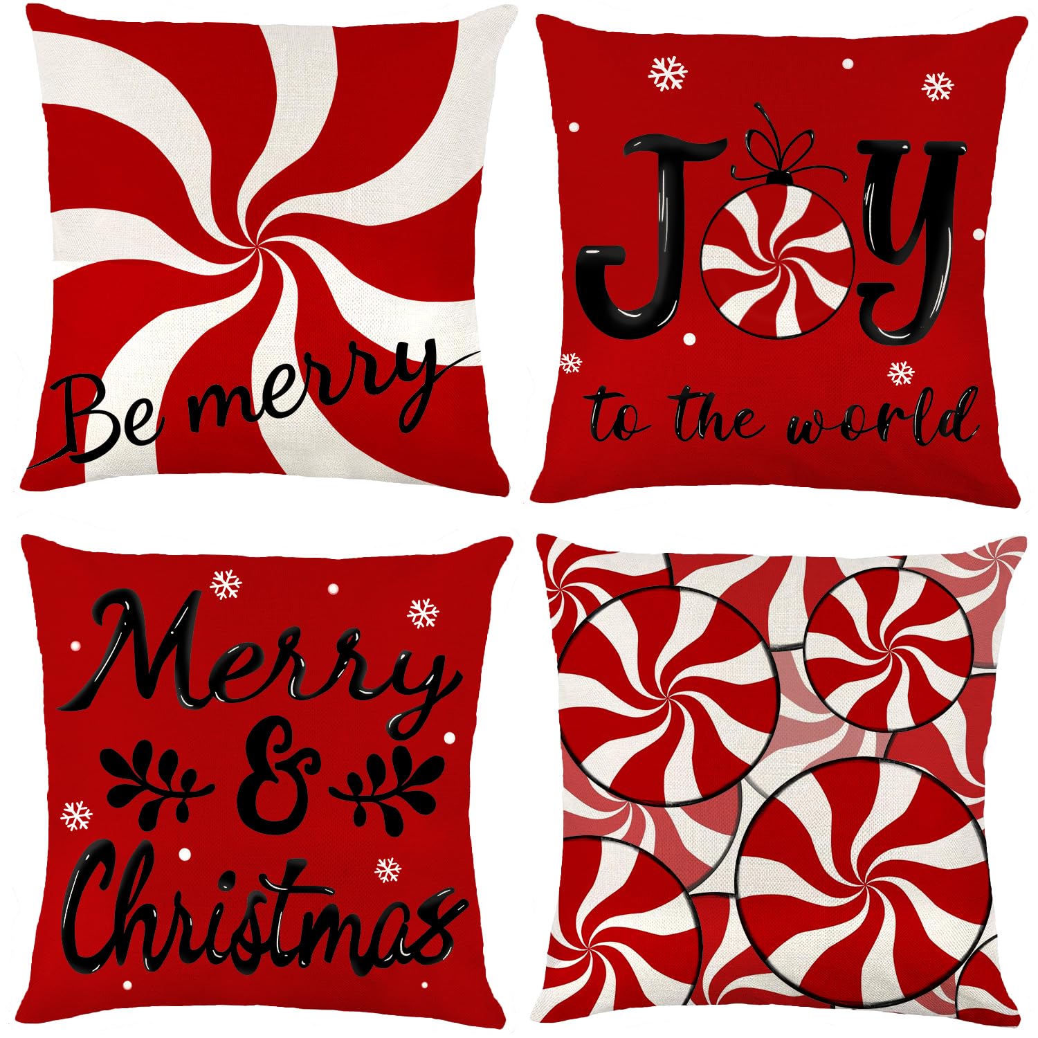 Vellibring Christmas Candy Pillow Covers, 18x18 Set of 4 Red White Christmas Throw Cushion Case Be Merry Christmas for Winter Holiday Sofa Couch Home