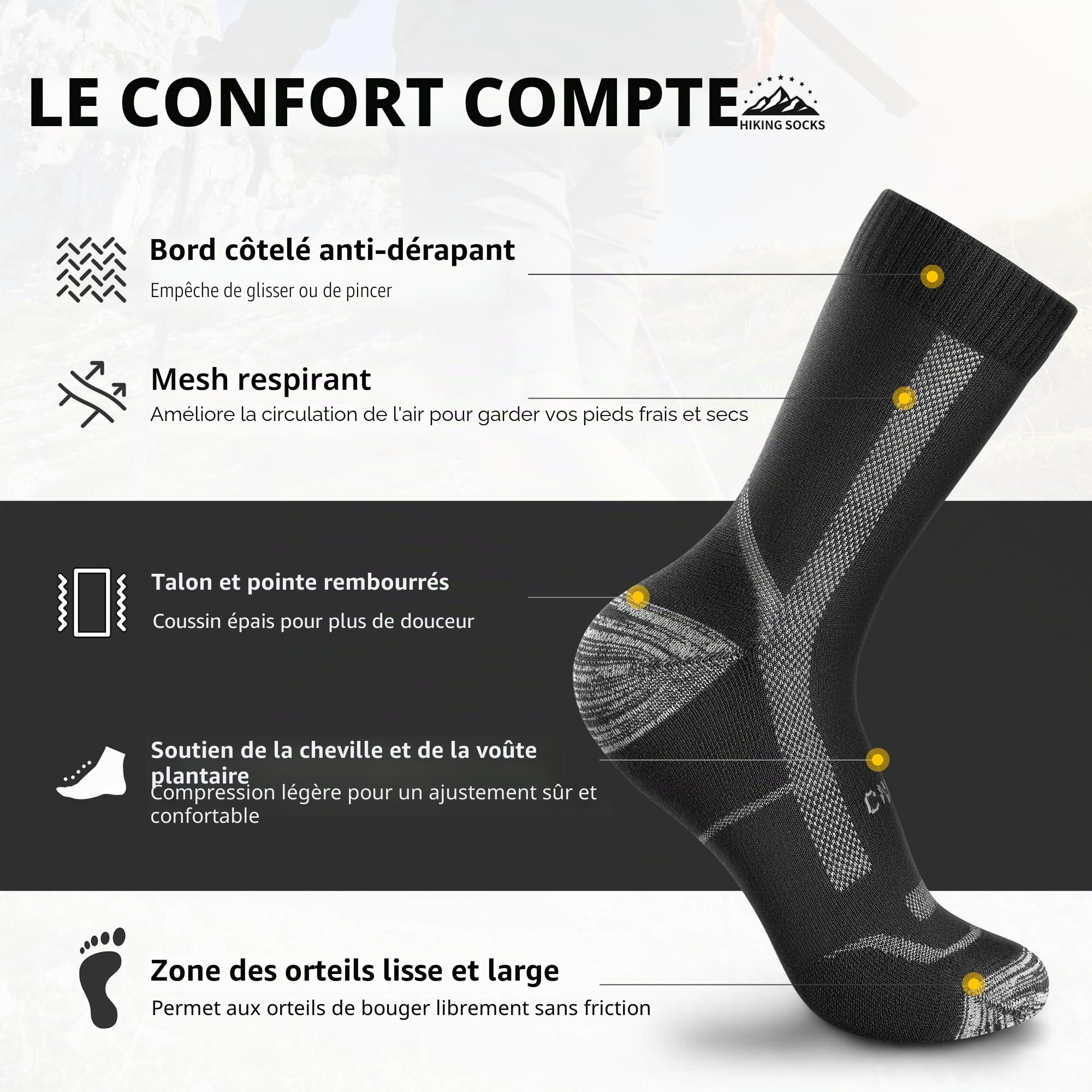 CAMBIVO Chaussettes Randonnée Anti Ampoule Femme Homme, Chaussettes Sport en Mérinos Laine, Chaussettes de Sport Respirant pour Trekking, Cyclisme, Trail Running, Ski, Thermiques, 2 ou 3 Paires