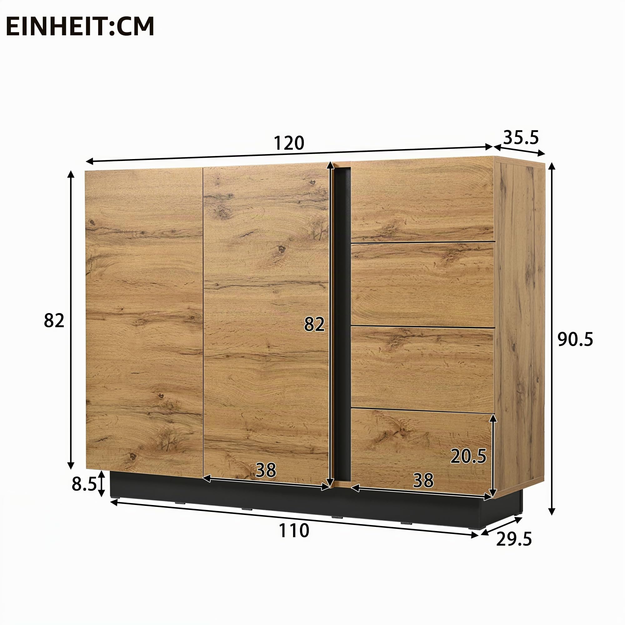 Merax Sideboard Kommode mit 4 Schubladen und Zwei Türen, Schrank 110 cm, Griffloses Design, Buffetschrank mit Großzügiger Stauraum, aus Holz, für Wohnzimmer/Esszimmer, 110x35.5x90.5 cm, Natur&Schwarz