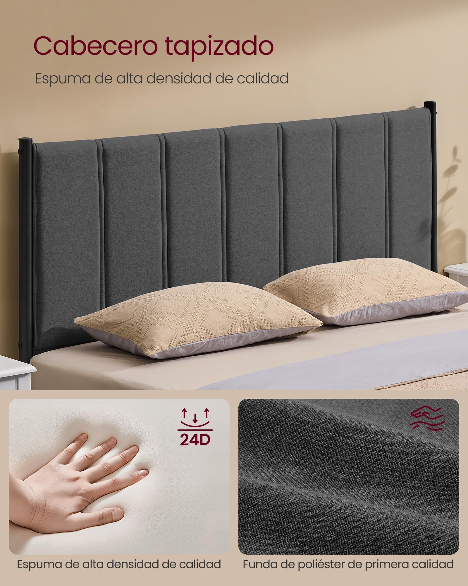 VASAGLE Marco de Cama Doble 135x190 cm Cabecero Tapizado Metal 500 kg Capacidad Peso Gris Pizarra