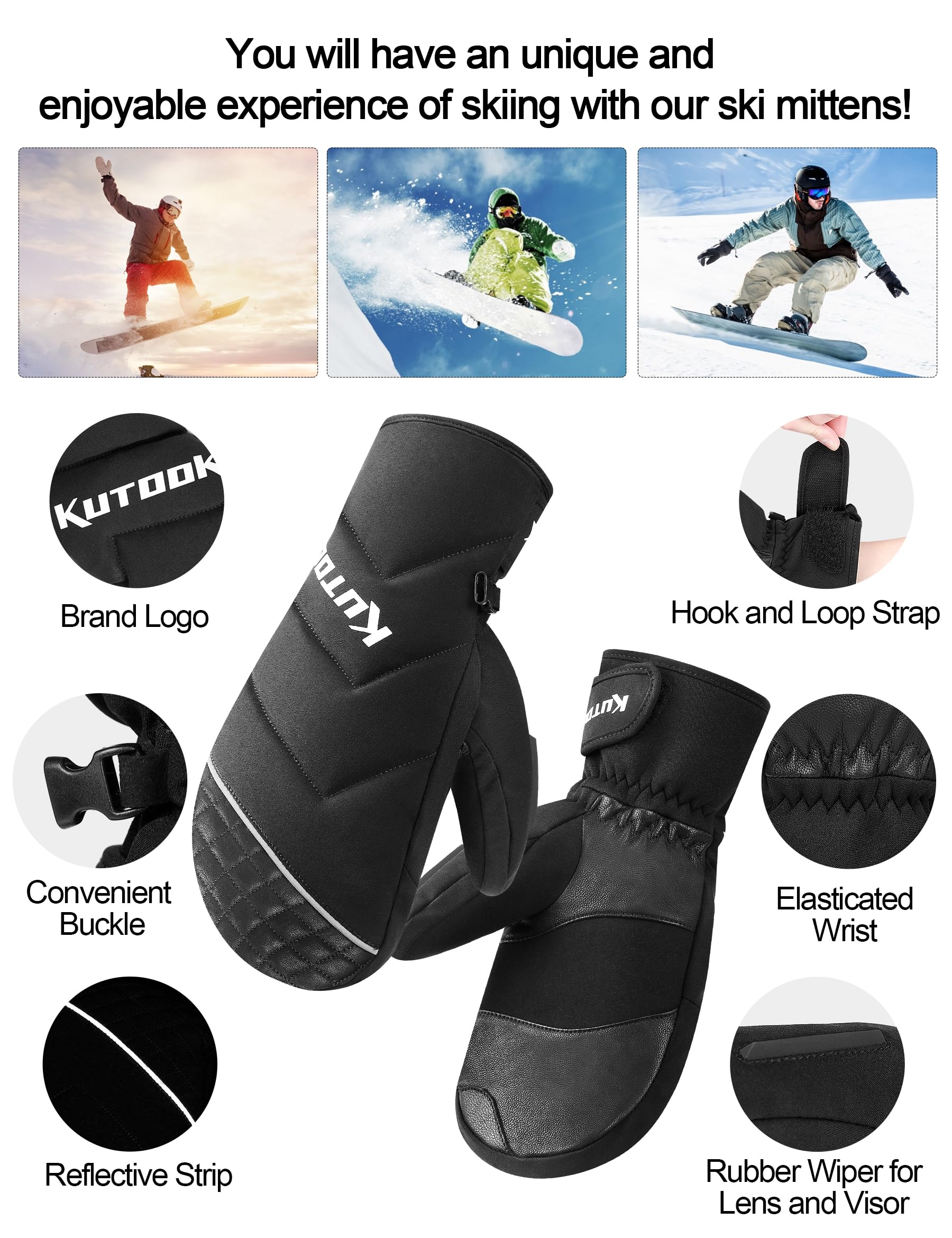 KUTOOK Guanti da Sci e Snowboard Professionale Guanti Invernali Impermeabili Antivento e Resistente per Sport all'Aria Aperta