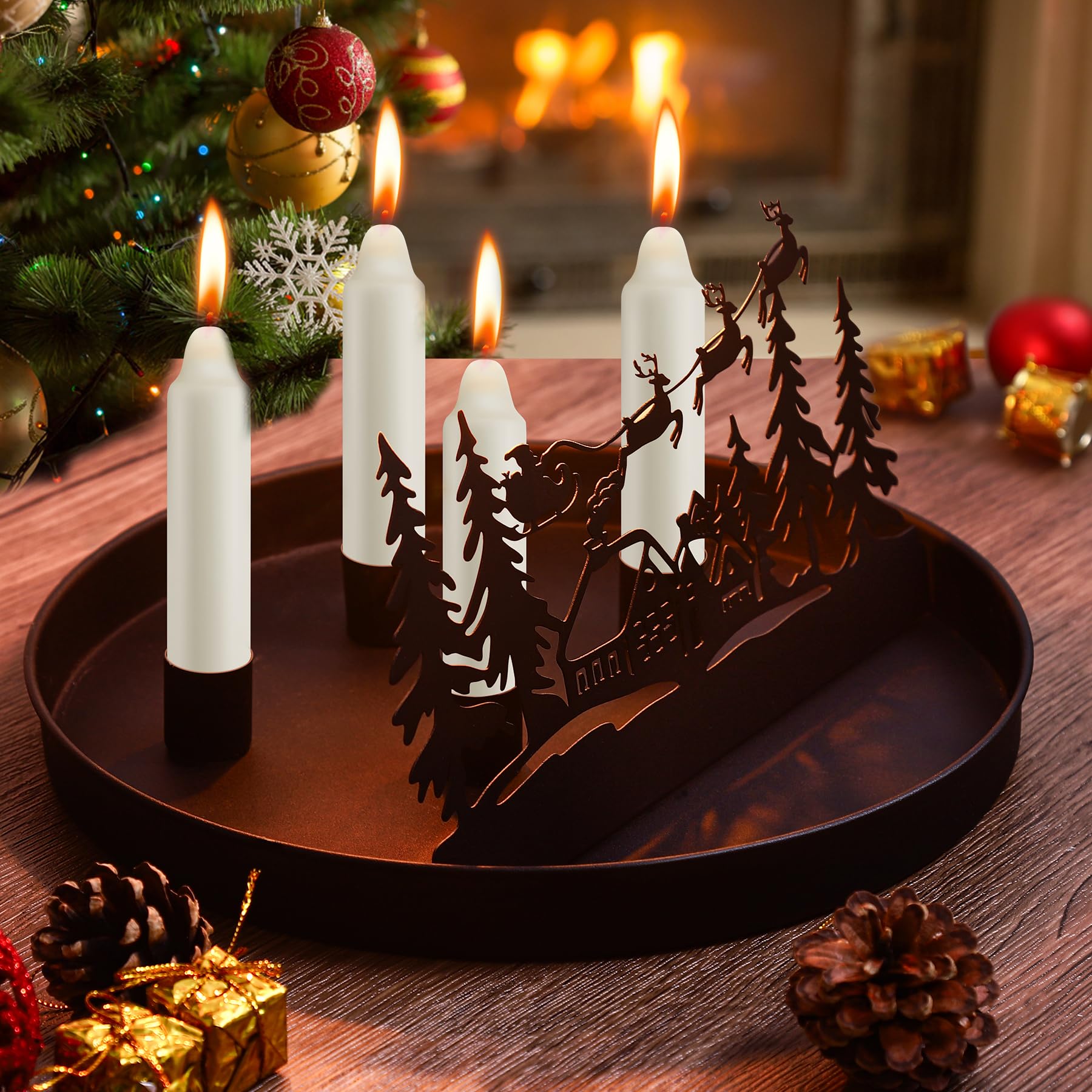 Magnet Kerzentablett für Stabkerzen, Adventskranz Modern 25cm Rund mit 4 magnetischen Metall Kerzenständer, Weihnachten Stabkerzenhalter Adventskranz Tablett Festtags Kerzen Ständer, Schwarz