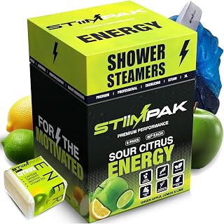 Shower Steamers | Energy | XXL 80g Long Lasting | Caffeine, B12, Ginseng, & Menthol | Gift for Men & Women | Extra Strength Aromatherapy for Focus & Productivity | Sour Citrus | STiiMPAK (8 Pack)