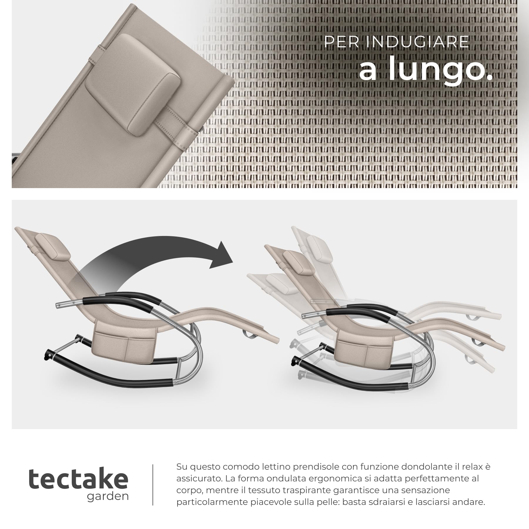 tectake® Lettino prendisole a Dondolo da giardino, Sdraio da Giardino, Cuscino Rimovibile, Telaio in Acciaio, Braccioli Imbottiti, Textilene Traspirante e Idrorepellente, Sedia a dondolo - Beige