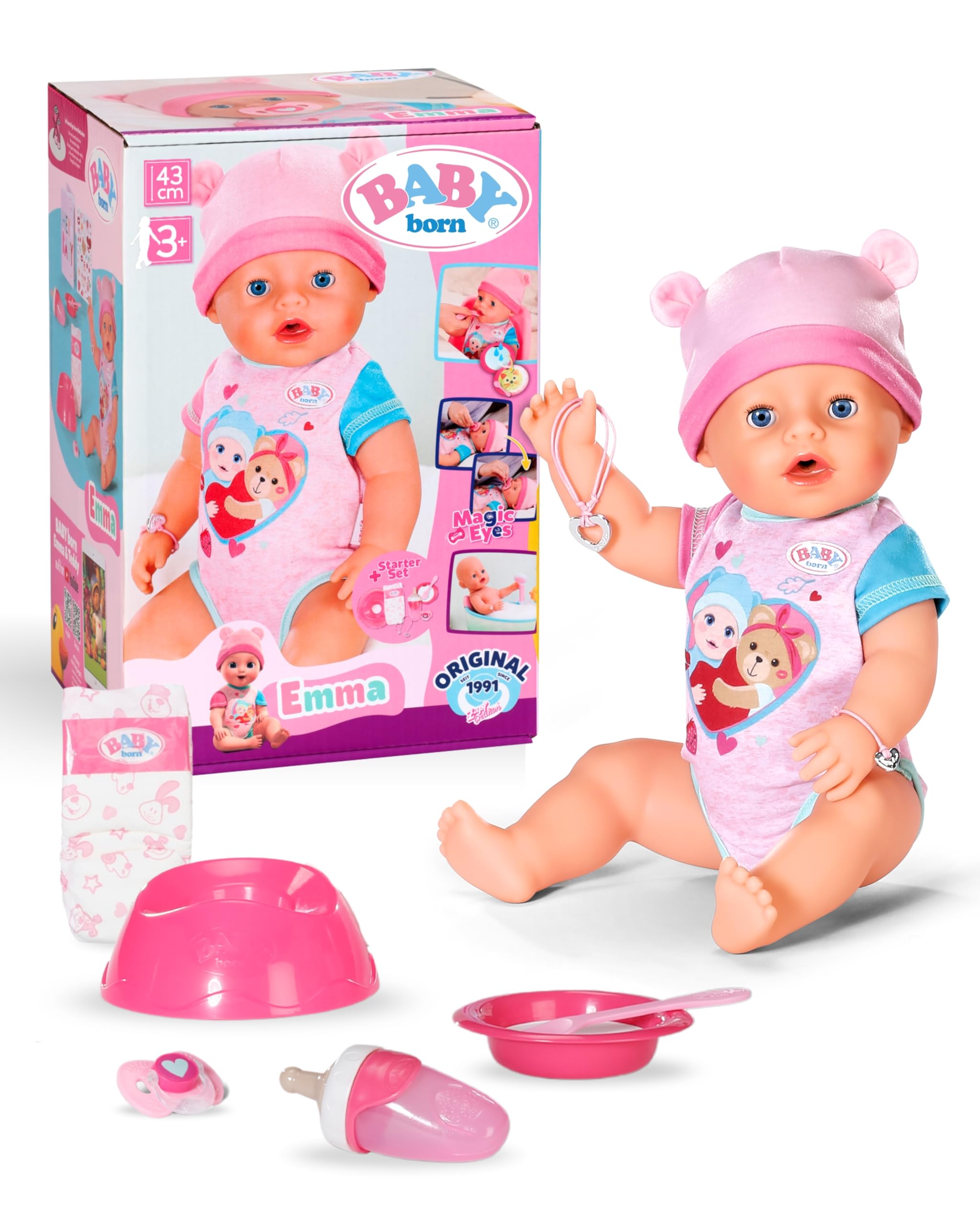 BABY born Emma - Bébé poupée de 43 cm - 10 Fonctions y Compris Accessoires & grenouillère - Fonctionne entièrement sans Piles - Convient aux Enfants à partir de 3 Ans