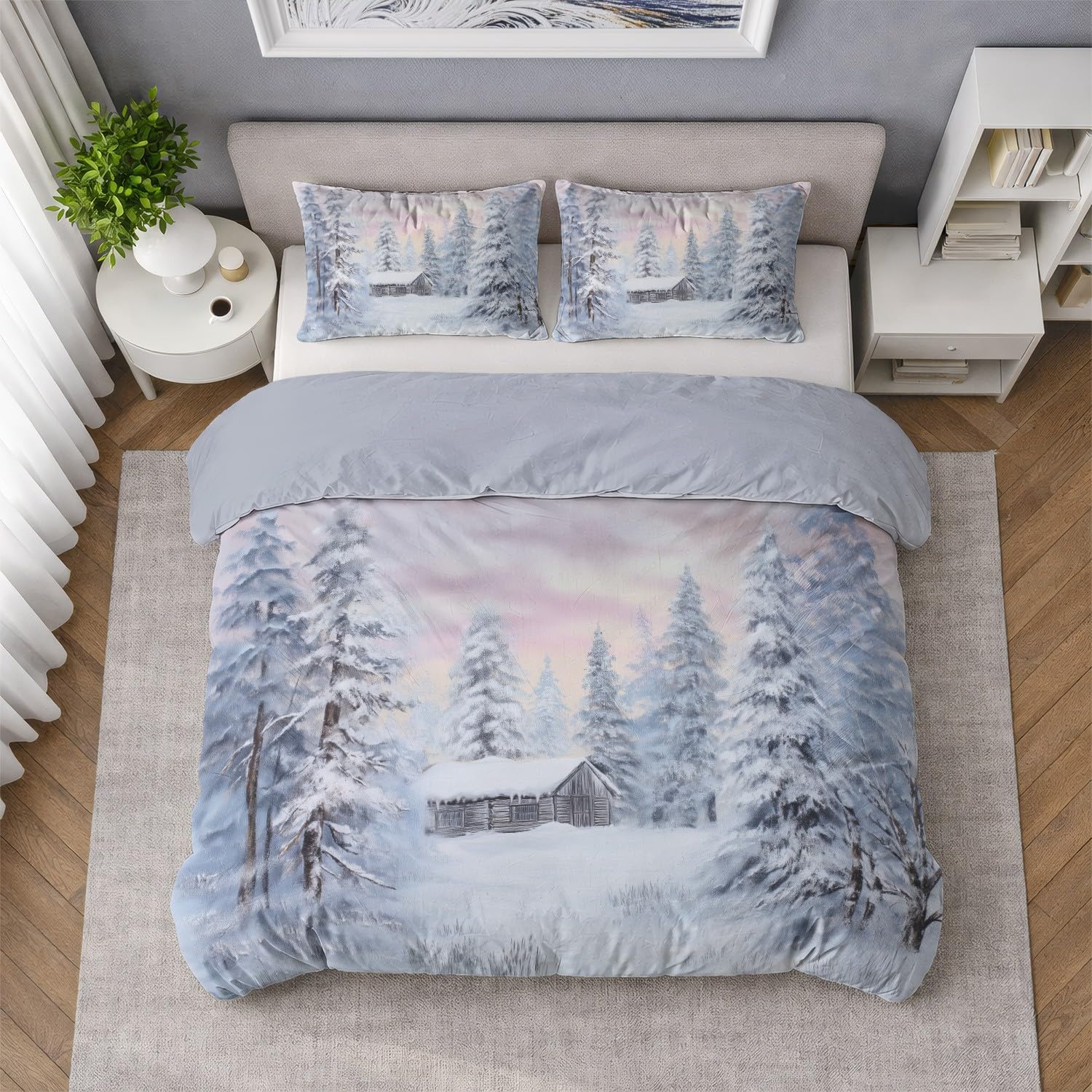 Pościel 200 x 200 cm, klasyczna, estetyczna krajobraz, śnieżna poszewka na kołdrę 200 x 200 cm, 3-częściowy komplet pościeli dziecięcej z poszewką na poduszkę 80 x 80 cm i z zamkiem błyskawicznym