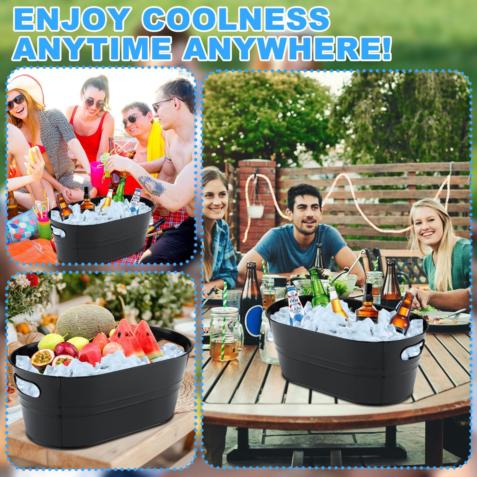 Paquete de 4 cubos de acero galvanizado para bebidas con asas, ideal para fiestas, barbacoas y bares, botellas de refrigeración, latas de cerveza o refrescos