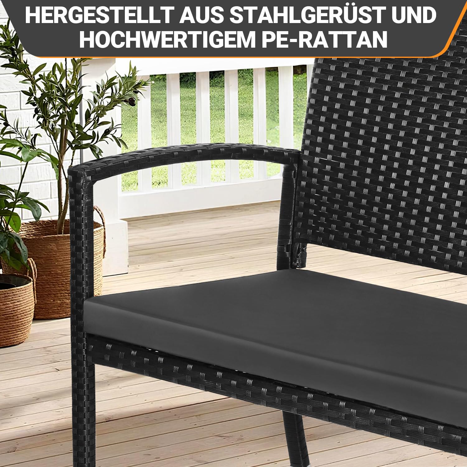 Banc de jardin résistant aux intempéries avec coussin, banc de balcon en polyrotin 2 places, 112 x 58 x 90 cm, banc d'extérieur charge jusqu'à 227 kg, banc avec dossier et accoudoirs, noir