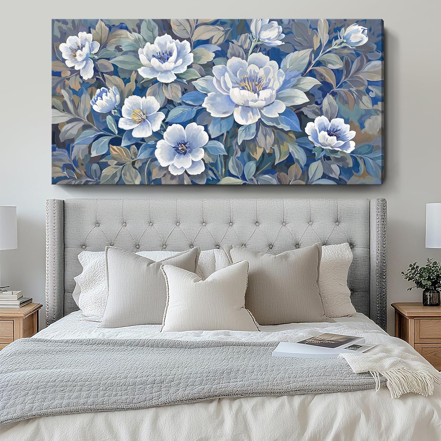 ARTZON Oversized Wall Art Flower Pictures Wall Decor – Blue and White Peony Blossom Extra Large Canvas Prints Vibrant Botanical Nature Artwork for Living Room Women Bedroom Dining Room 58x29 Inch
