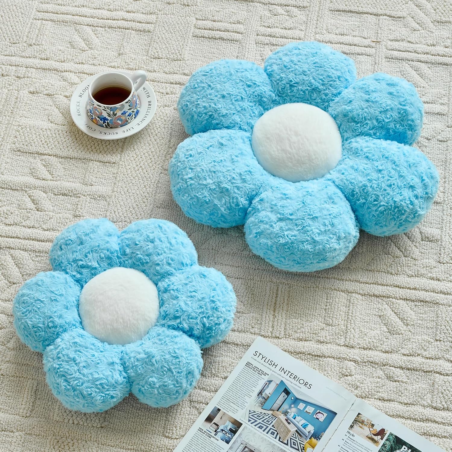 Flower Pillows, Decorative Throw Pillow with Soft Plush for Couch, Flower Shaped Pillow Home Decor Daisy Pillow for Bed (Blue, 14.9 Inches) image 2