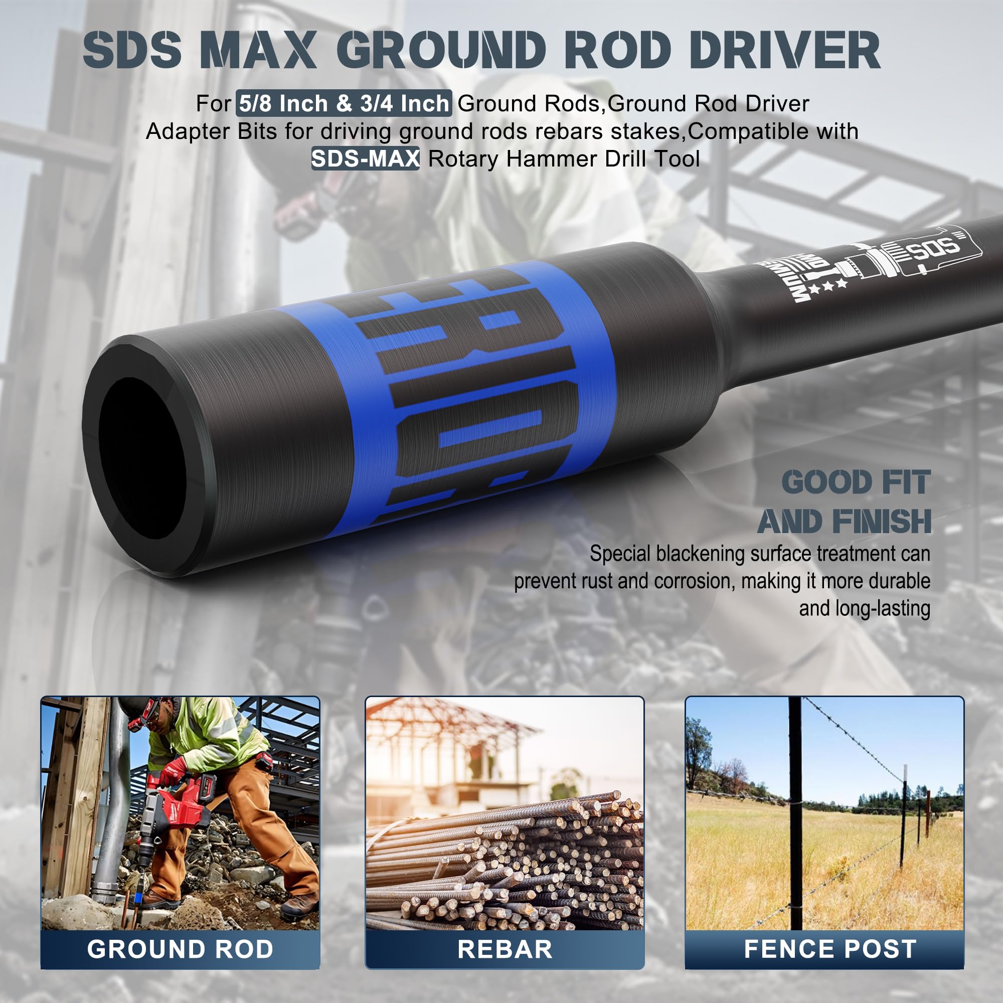 SDS-Max Pilote de tige de terre pour l'entraînement de barres de terre, embouts d'adaptateur de tige de terre, compatible avec marteau rotatif SDS-Max, diamètre intérieur 20 mm