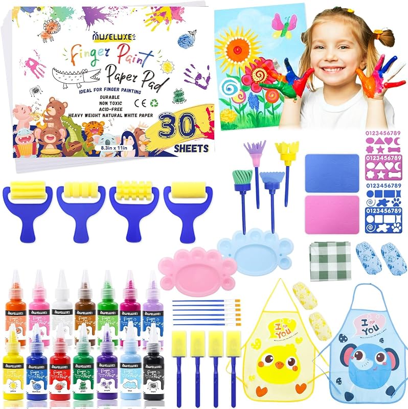88 PCS Washable Finger Paint Set for Toddlers, 14 Colors | Finger Paint Paper, Brushes, Rolling Tools, Cute EVA Templates,Aprons & Palette, Non-Toxic Toddler Painting Set