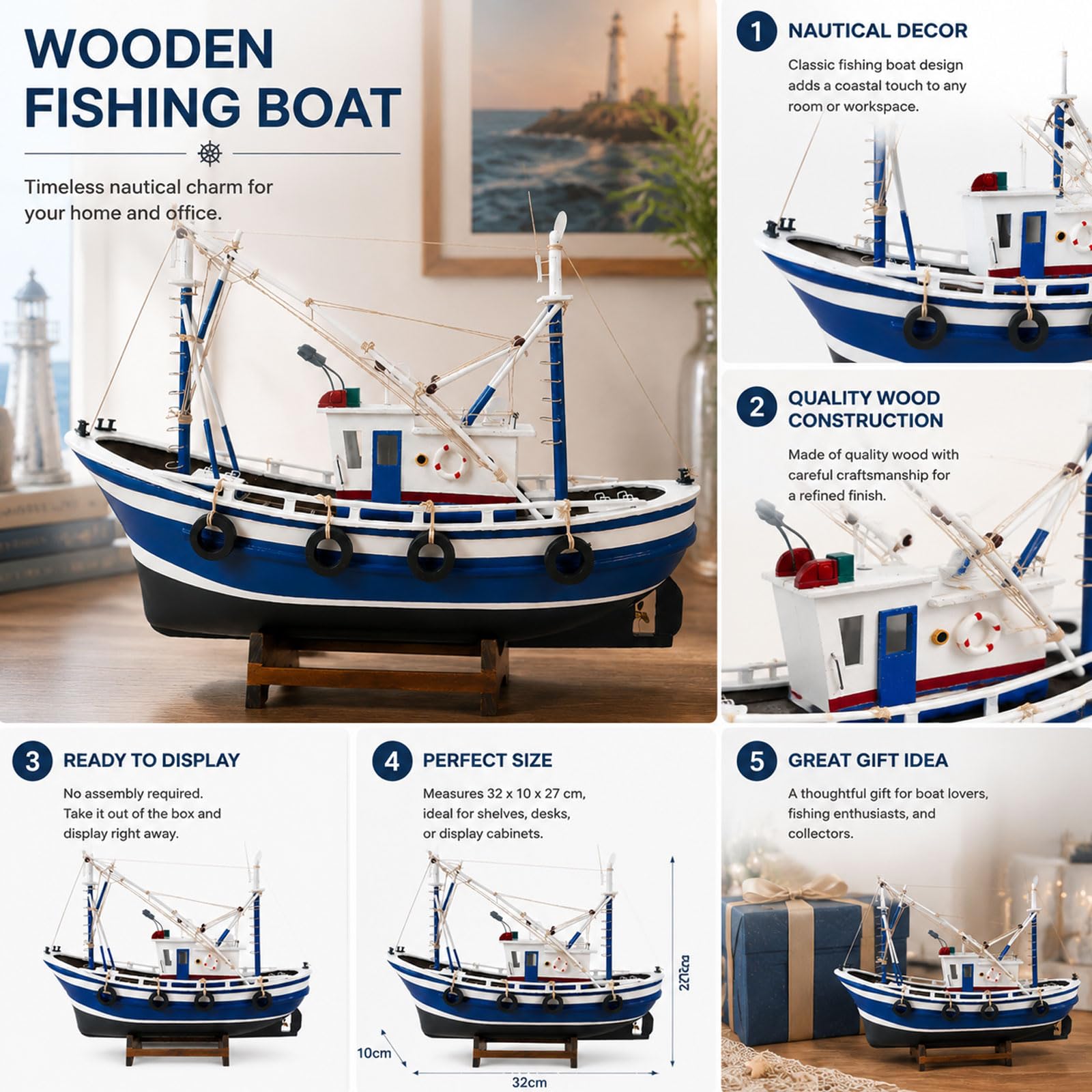 YLME Modellino di Barca da Pesca Ornamento Nautico A Forma di Nave | Realizzato A Mano Decorazioni Costiere E Marittime Per Soggiorno, Ufficio, Mensole, Regalo Per Gli Amanti Dell'oceano.