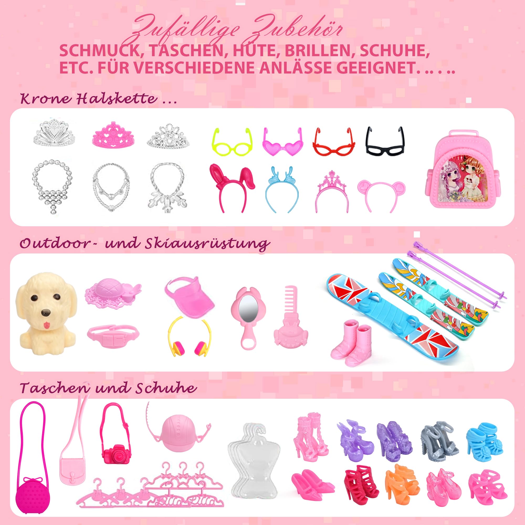 Sidola Doll Closet Kleidung und Accessoires - 135-teilig mit Stauraum für Puppen, Kleiderschrank-Set, Prinzessinnen-Fashion-Pack mit Brautkleid/Dress/Highheels/Kleidung