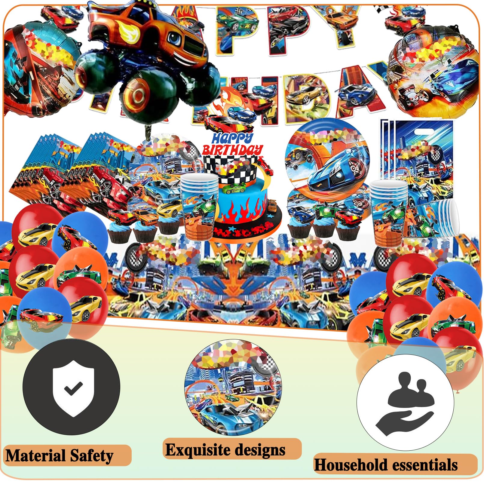 Hot Wh-els Stoviglie per Feste di Compleanno，Addobbi Compleanno Hot Wh-els，Cars Tovaglia, Piatti di Carta，Adatto a 10 persone