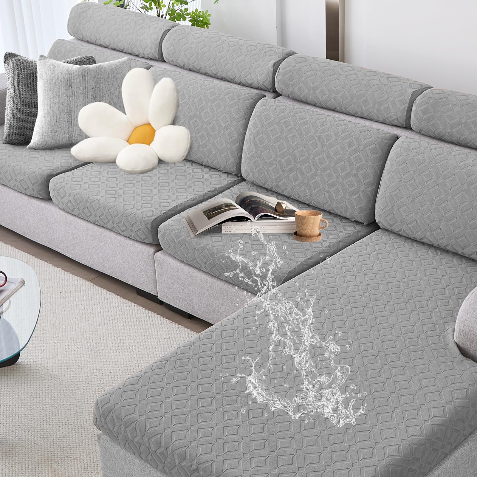 Photo 1 of Genina Couch Cushion Covers Waterproof, Stretch Sectional Couch Covers, Sofa Cushion Cover Washable, Non Slip Magic Sofa Cover with Elastic Bottom and Straps, Pet-Friendly (2 Seater + 1 Chaise)