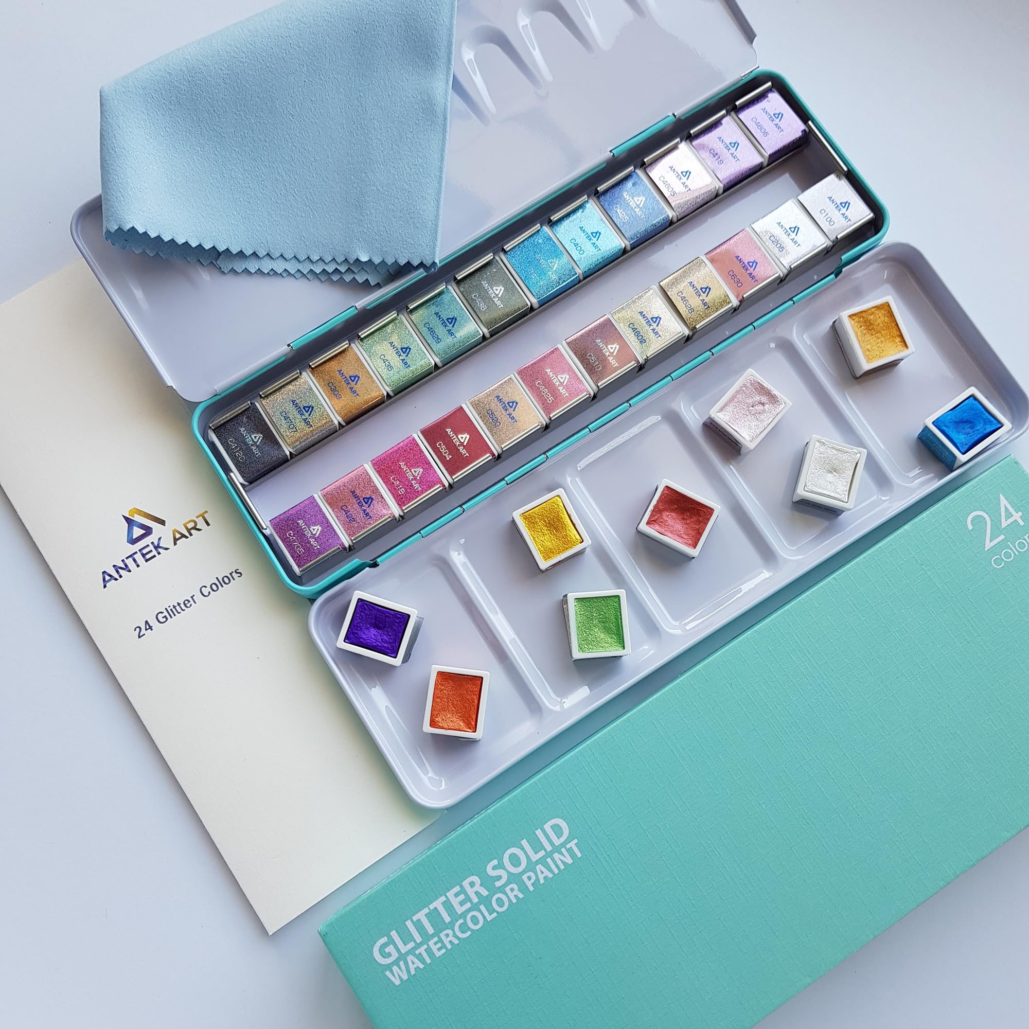 Set de Peinture Aquarelle Métallique, 24 Couleurs dans Mallette Portable avec Palette