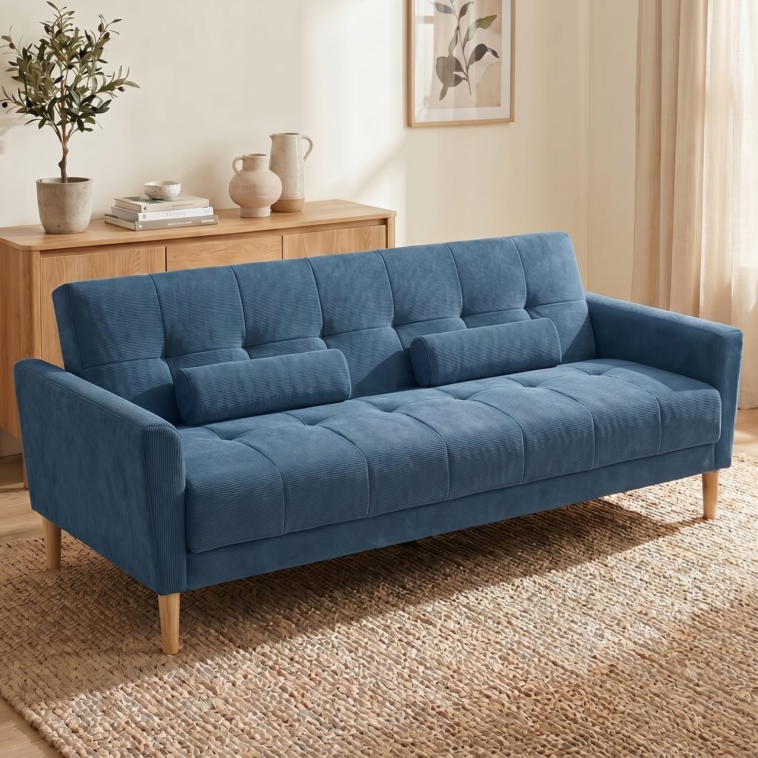 Hroth 3 Seater Fabric Sofa Bed with Adjustable Backrest, Blue