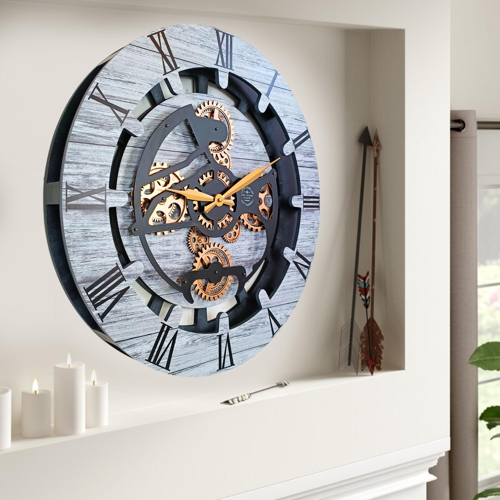 THE GEARS CLOCK Wanduhr mit echten beweglichen Zahnrädern Canada Line 60 cm rund (Silbergrau, 60 cm)