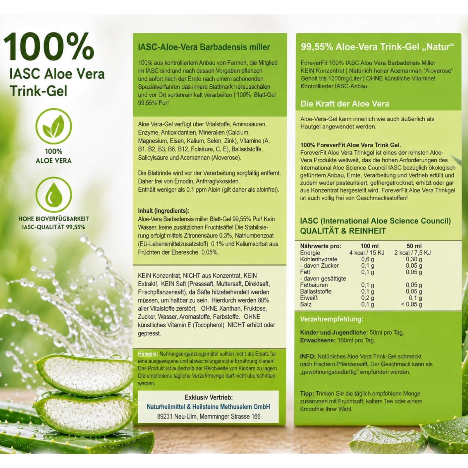 Aloe Vera Trinkgel 6 x 1000ml Barbadensis Miller Blattgel unverdünnt KEIN Saft KEIN Konzentrat OHNE künstliche Vitamine. Acemannan bis 1200mg/Liter. 30242