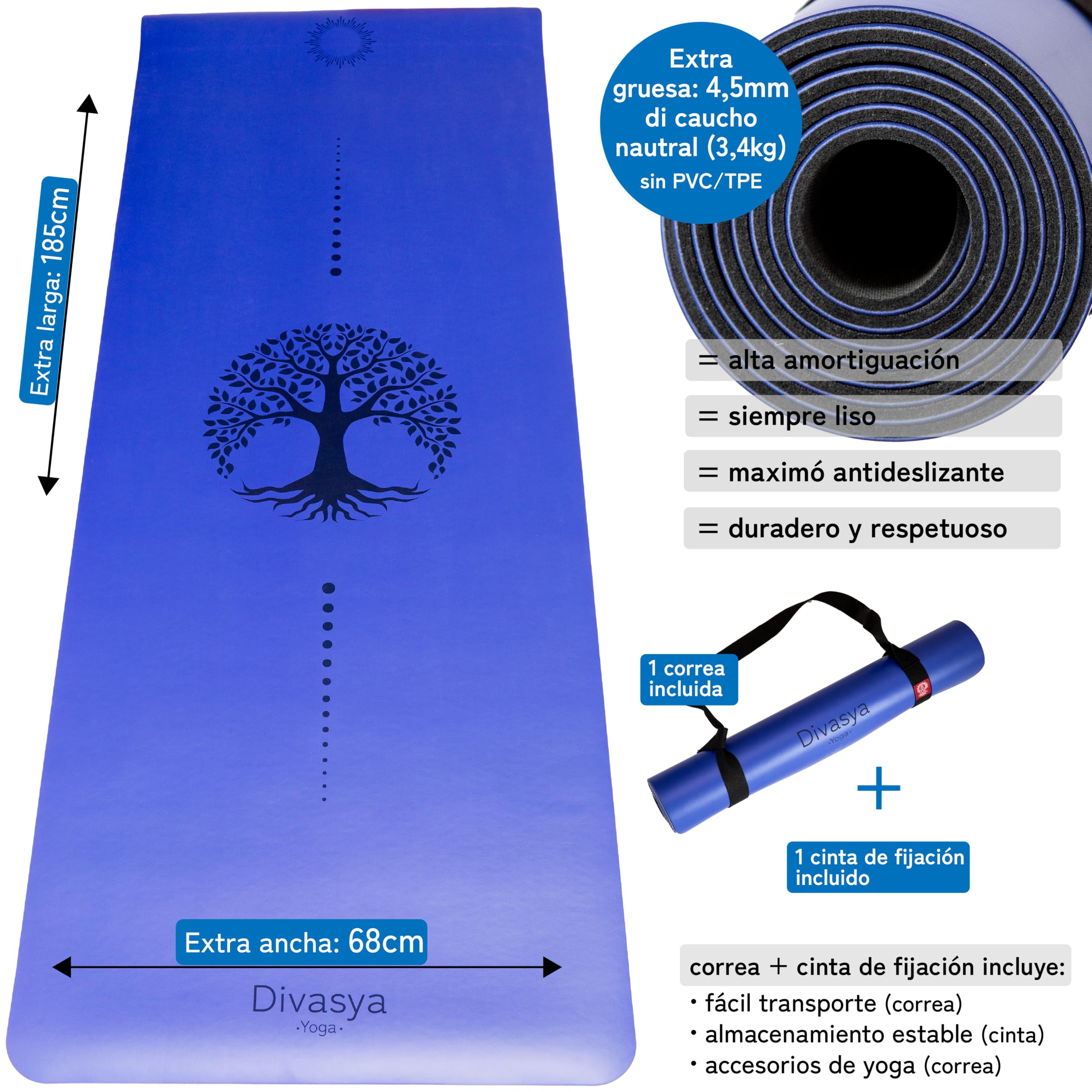 esterilla yoga antideslizante caucho natural, esterilla yoga gruesa máximo agarre, colchoneta yoga, extra ancha y gruesa (185x68x0,45cm), con correa de transporte, pilates