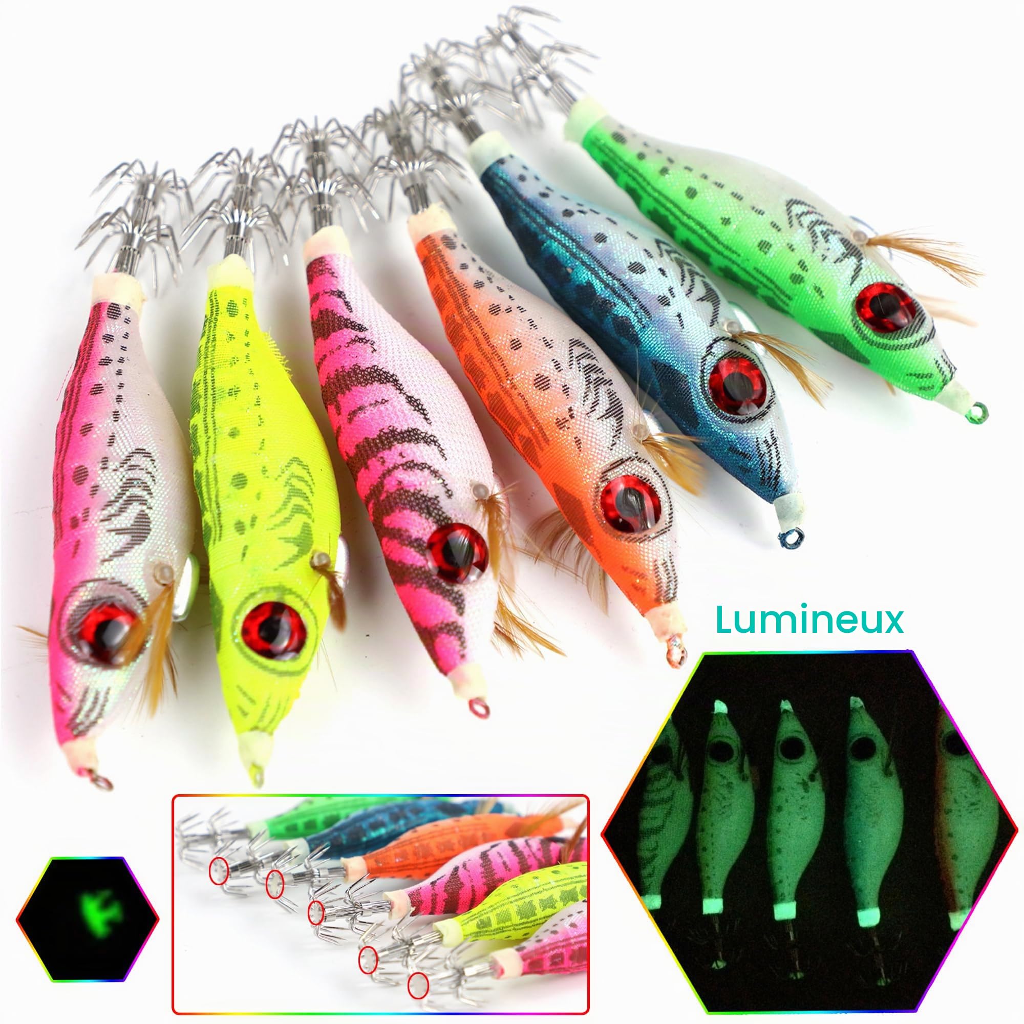 Appâts de pêche Turluttes Leurres Appâts Crochets pour Calmars Poulpes Appâts Lumineux Calmar Leurres Crevettes
