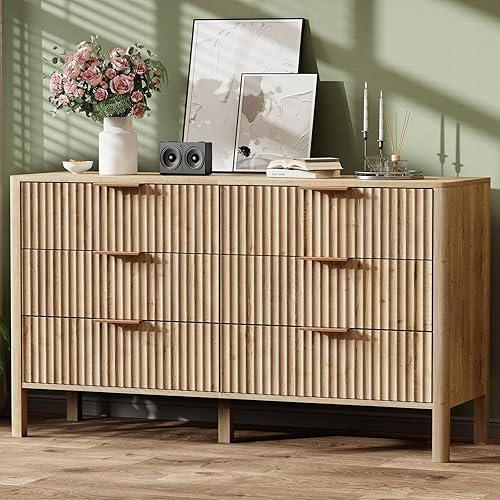 55" Wide Fluted 6 Drawer Dresser for Bedroom, Wooden Dresser