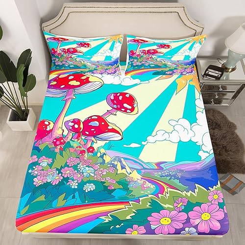 Erosebridal Linda sábana bajera ajustable de hongos tamaño individual de los años 70 con diseño de arco iris para niños y niñas, vintage, retro, con