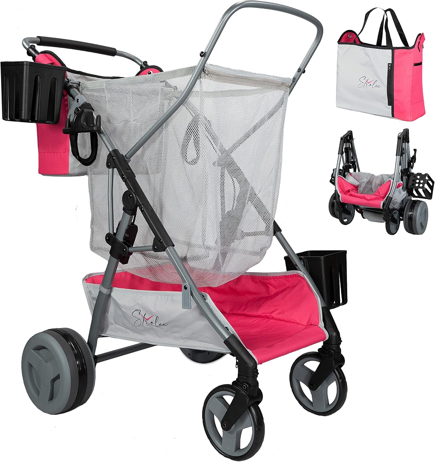 Strolee Large Wheeled Collapsible Beach Cart for Soft Sand, Fishing, Camping & Garden- Lightweight Rust-Free Aluminum Frame- Removable Personal Item Storage, X-L Capacity & Cooler Rack Charlotte Blush