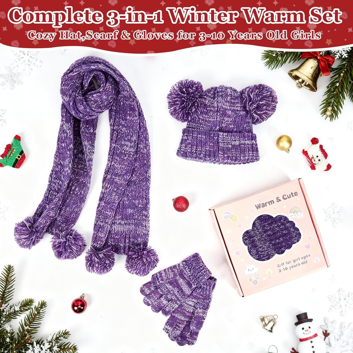 Kids Winter Gloves Hat Scarf for Girls,Ages 3-10 Kids Christmas Gifts,8 7 6 Years Old Girl Wool Beanie Gloves Hat Scarf - Image 2