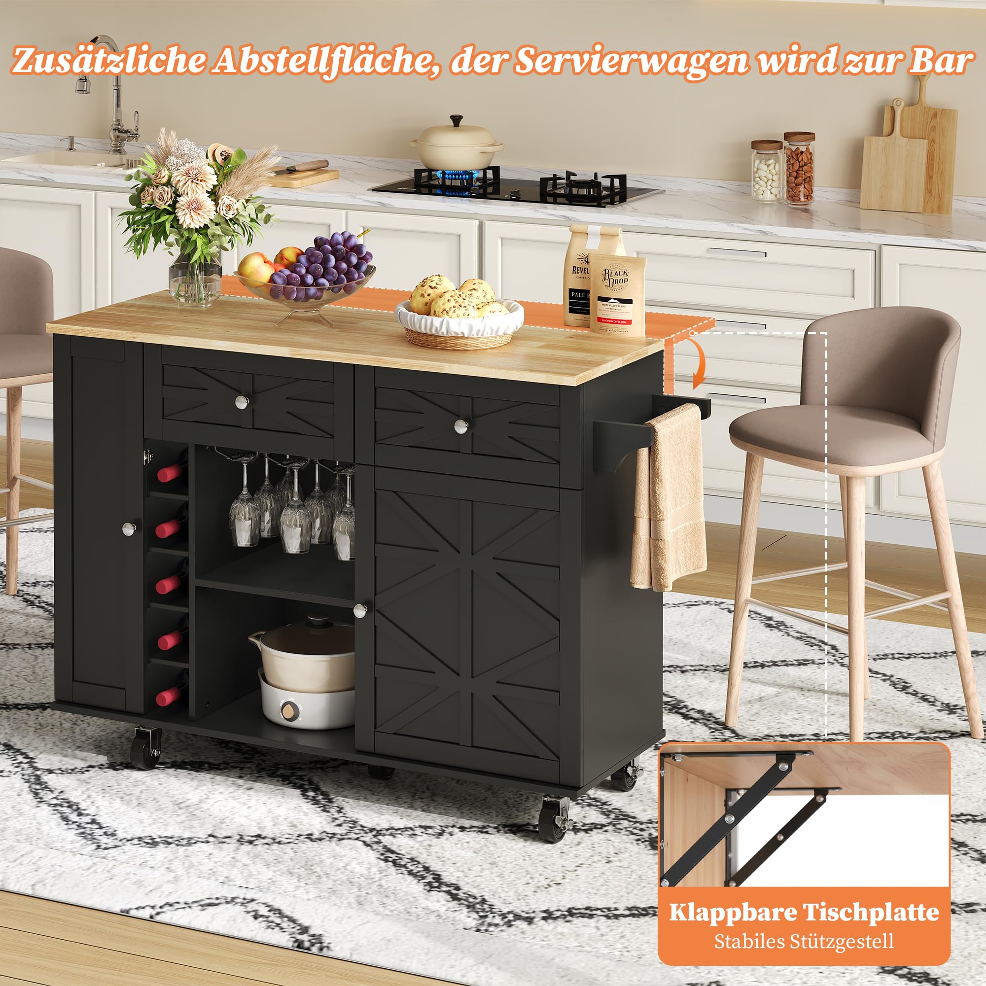 Generisch Isla de cocina plegable con ruedas, espacio de almacenamiento, color negro, 120 x 70 x 89 cm