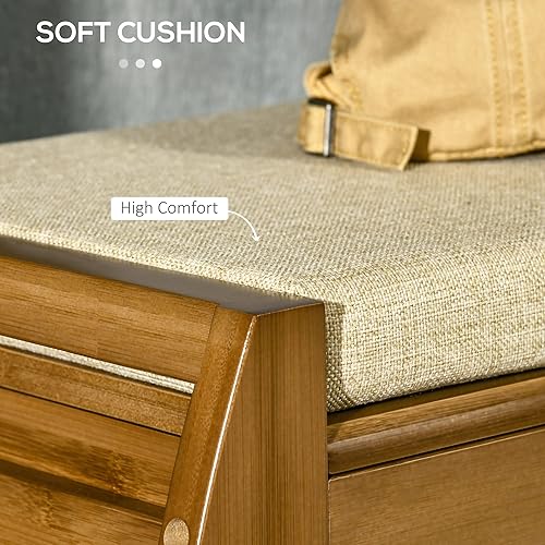 Miniatura 5 de HOMCOM Banco de zapatos con armarios de almacenamiento, banco de entrada de bambú con cojín de asiento, 3 puertas, estante lateral y compartimento