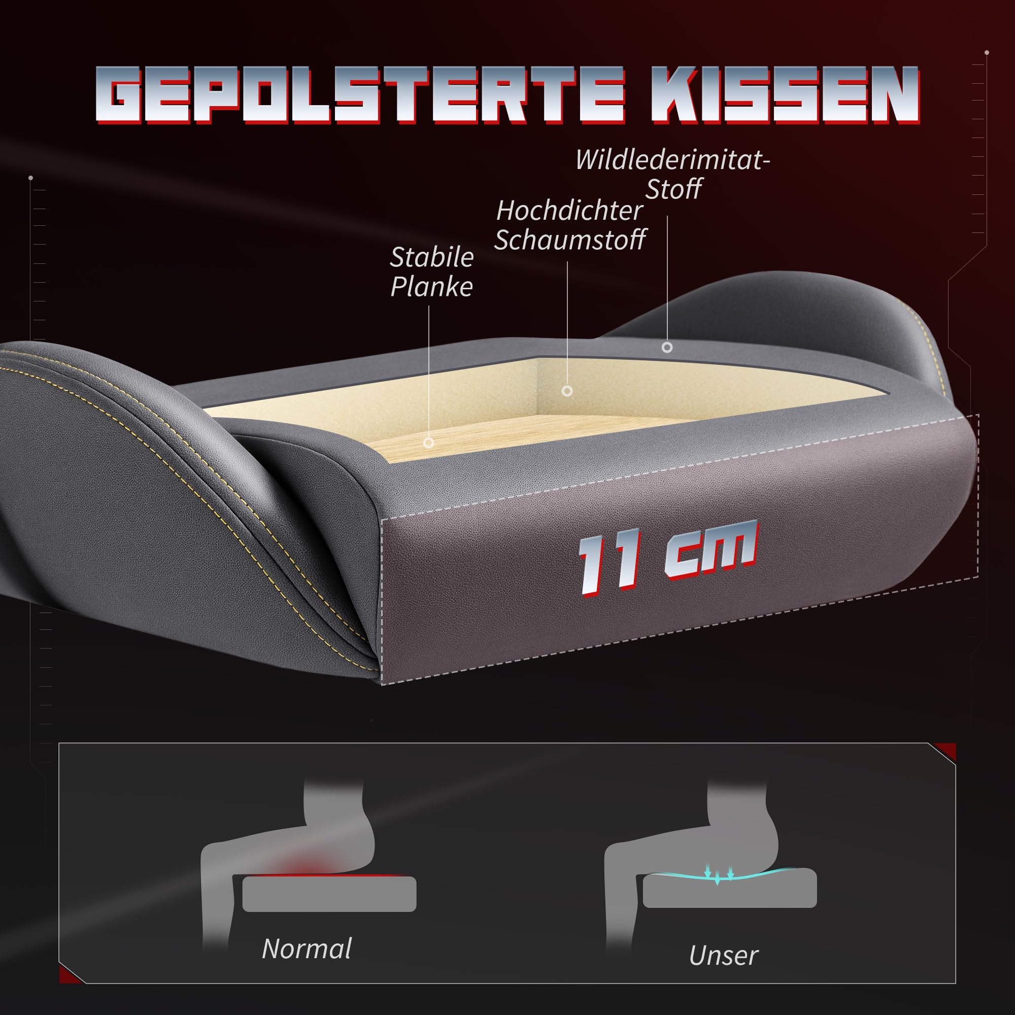 HOMCOM Gaming Stuhl Ergonomischer mit Fußstütze Kopfkissen Dunkelgrau | Wildlederimitat Gamer Stuhl, Lendenkissen, Gaming Sessel, 3D Armlehnen, Höhenverstellbar Bürostuhl