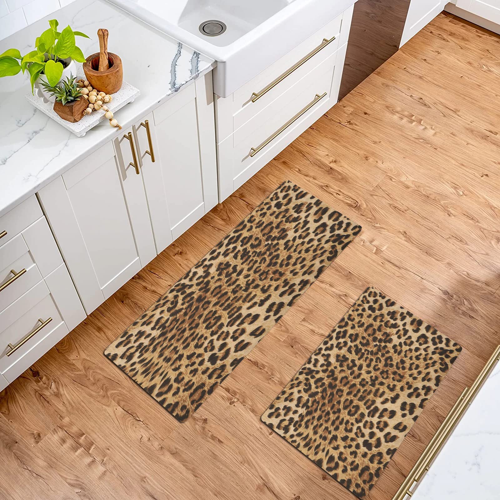 Lot de 2 Tapis de Cuisine antidérapants,Motif de peau imprimé léopard d'un animal sauvage de la savane Panthère puis,Absorbe l'eau et l'huile, Résistant à la poussière Tapis de Cuisine,40x60+40x120 cm