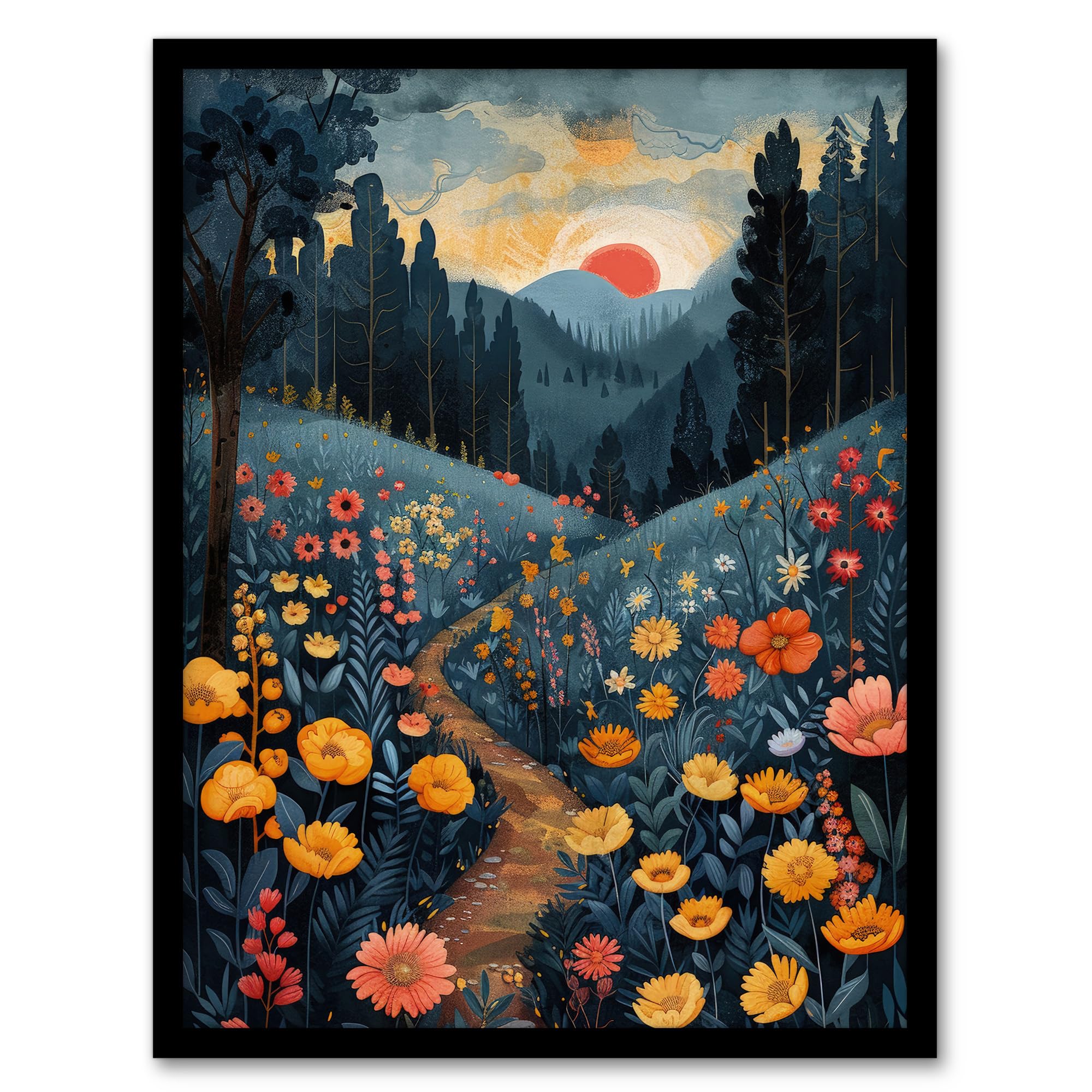 Artery8 Wildflower Path at Sunset Floral Nature Landscape For Living Room Artwork Framed Wall Art Print A4