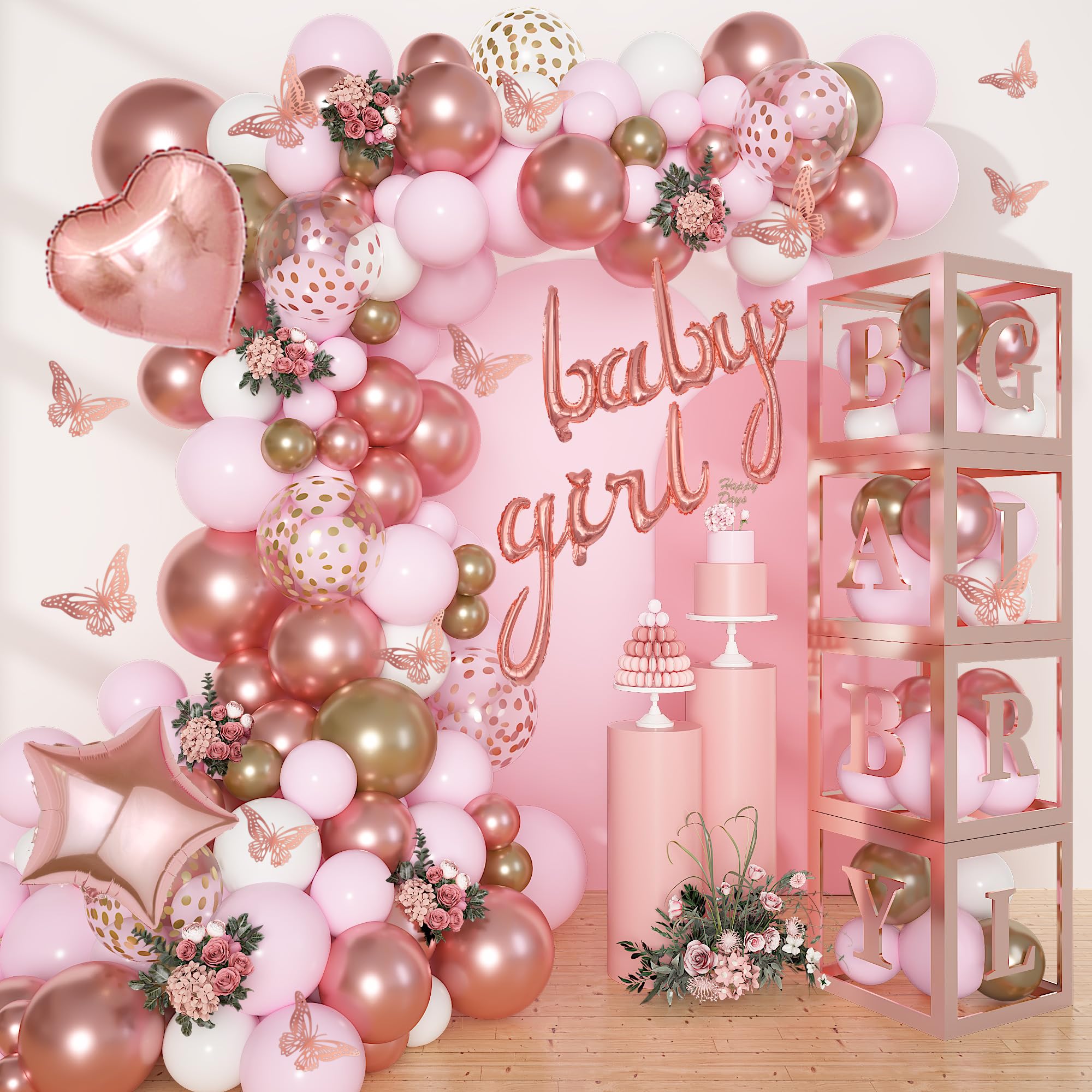 Amandir 134pcs Rose Gold Balloons Baby Shower Decorations for Girl Boxes, Butterfly Stickers Balloon Garland Arch Kit Baby Box with Letter (A-Z+Baby)